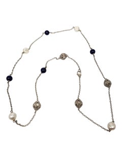 Judith Ripka Sterling Silver Pearl Lapis Lazuli Station Necklace #21460