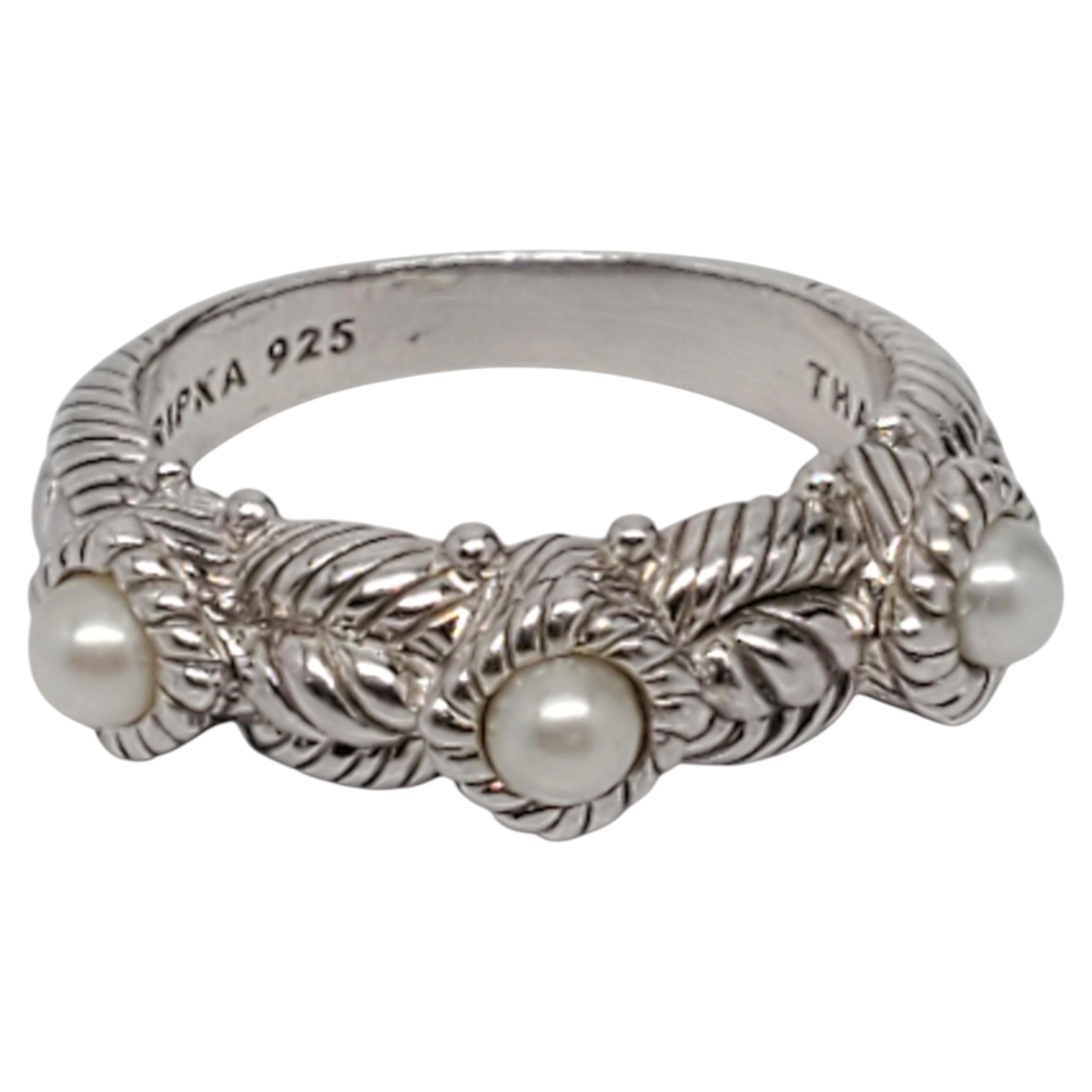 Judith Ripka Sterling Silver Pearl Rope Band Ring Size 6.75 #23897