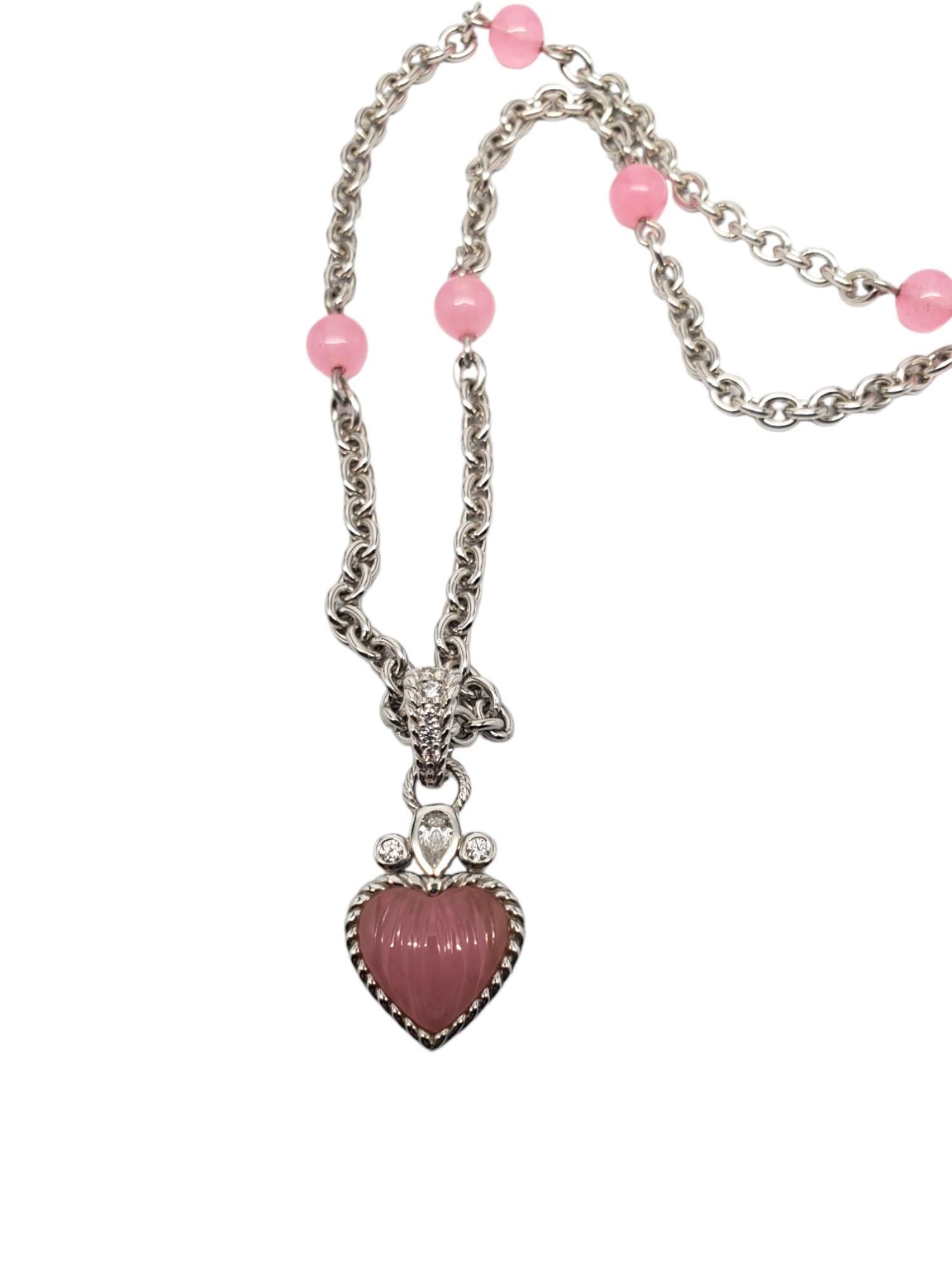 Judith Ripka Sterling Silver Pink Beaded Chain With Heart Pendant #18927 In Good Condition In Washington Depot, CT