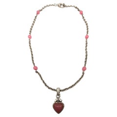 Judith Ripka Sterling Silver Pink Beaded Chain With Heart Pendant #18927