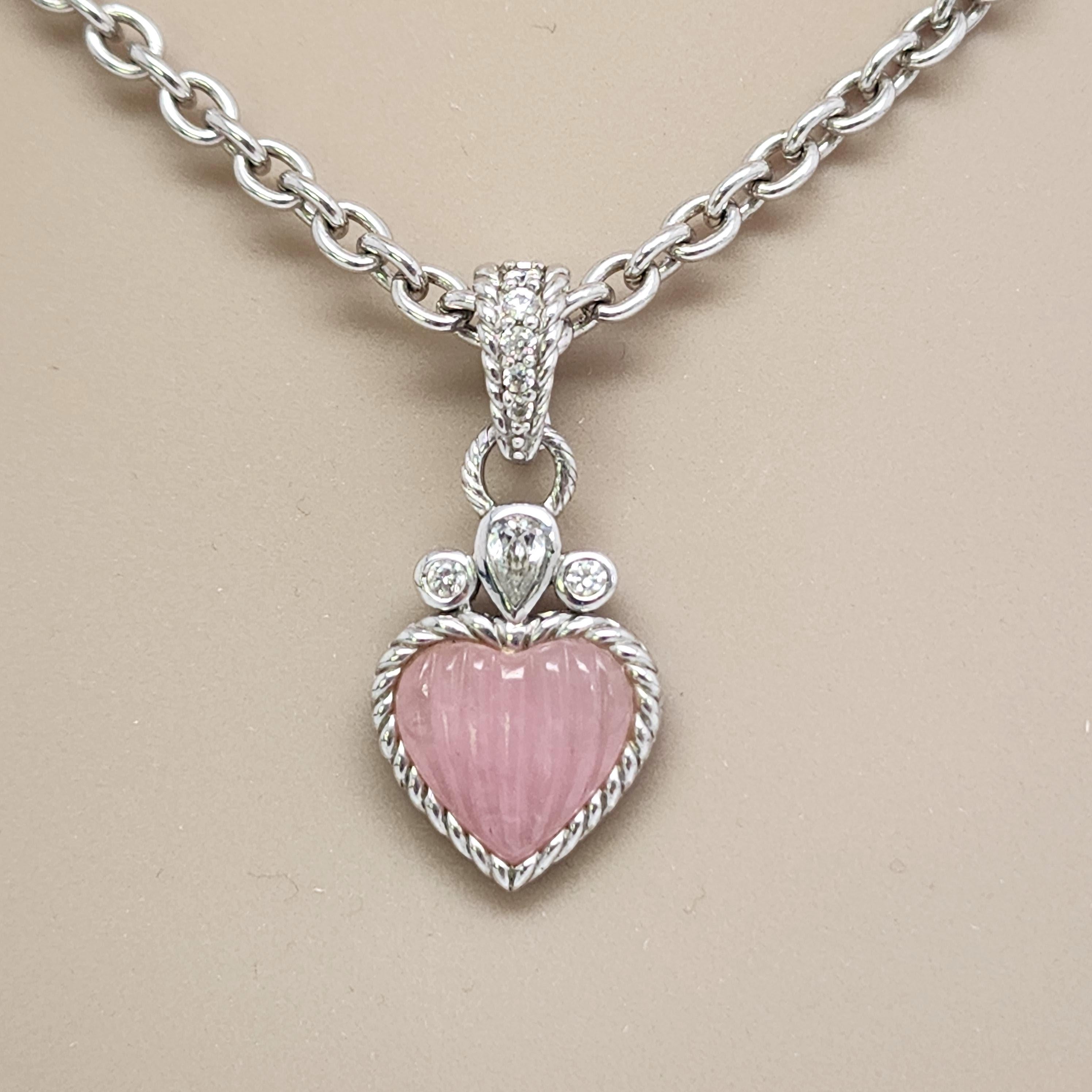 Judith Ripka Sterling Silver Pink Jadeite CZ Heart Enhancer Bead Necklace #12823 For Sale 4