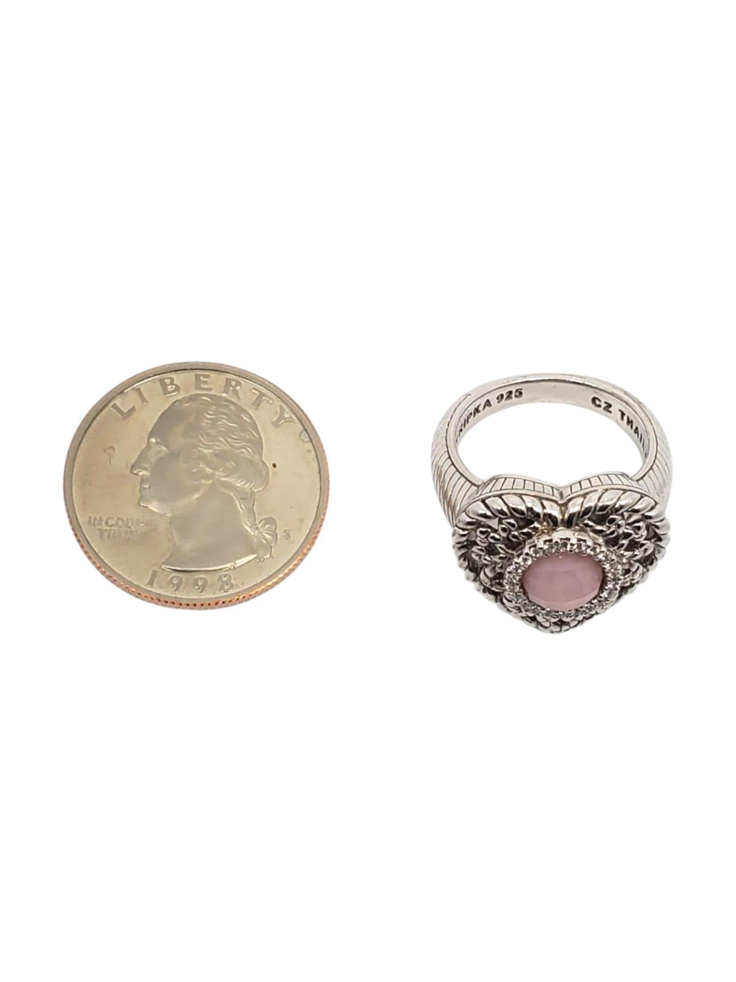 Judith Ripka Anello con cuore in quarzo rosa e CZ in argento sterling misura 7 #21105 in vendita 3
