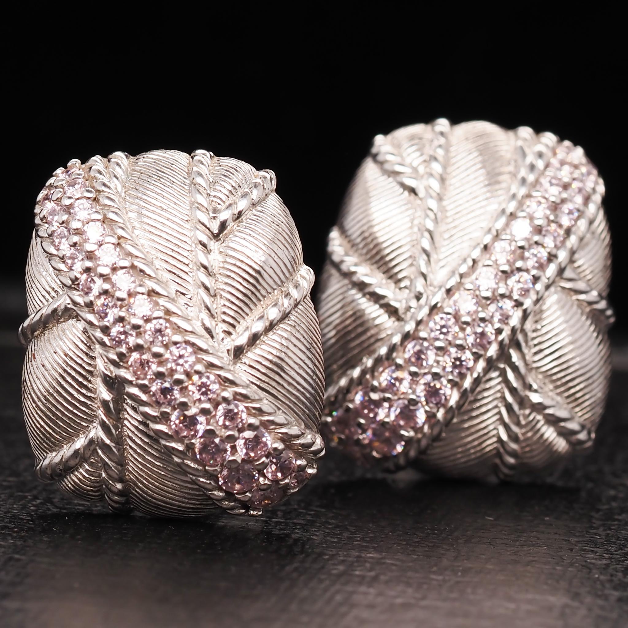 Women's or Men's Judith Ripka Sterling Silver Pink Sapphire Cross Over Earrings For Sale