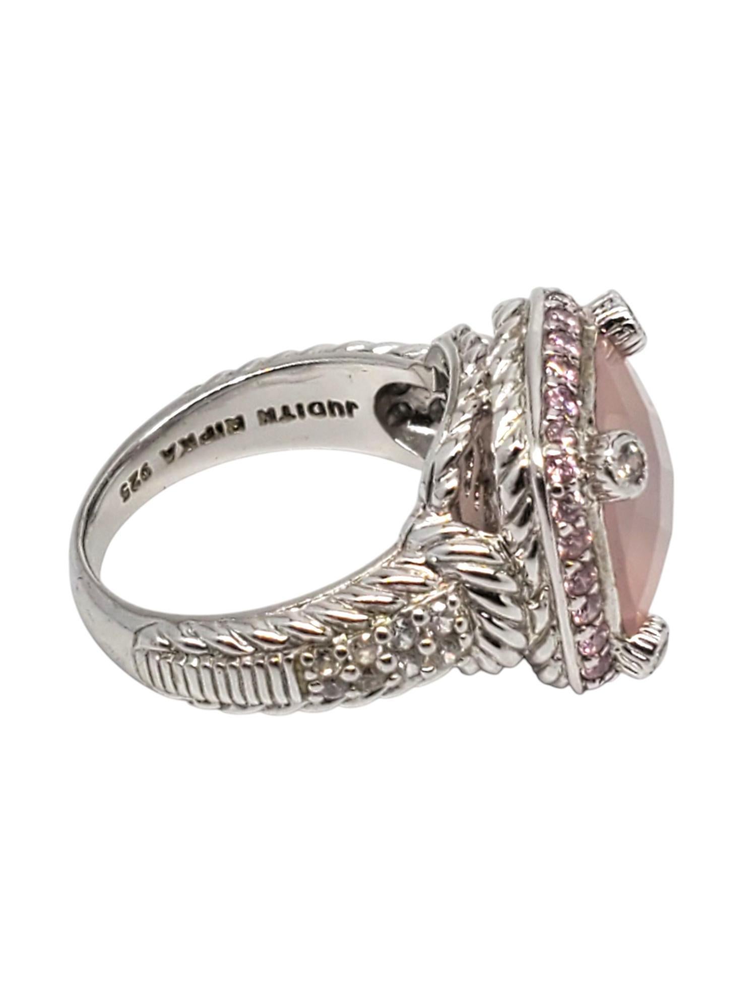 Square Cut Judith Ripka Sterling Silver Rose Quartz and CZ Ring Size 7.25 #21096