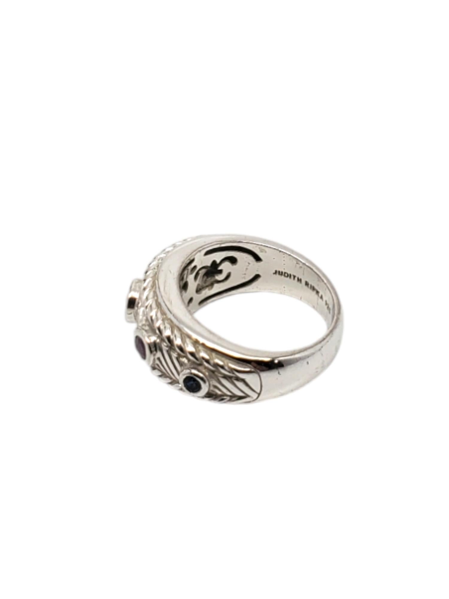 Judith Ripka Sterling Silver Sapphire Ruby & Emerald Ring Size 7

This stunning Judith Ripka multi stone ring is set in sterling silver with a cable roping design.

Width: 1.622 mm .

Shank: 4.80 mm.

Size: 7

Stamped: JUDITH RIPKA 925 CZ