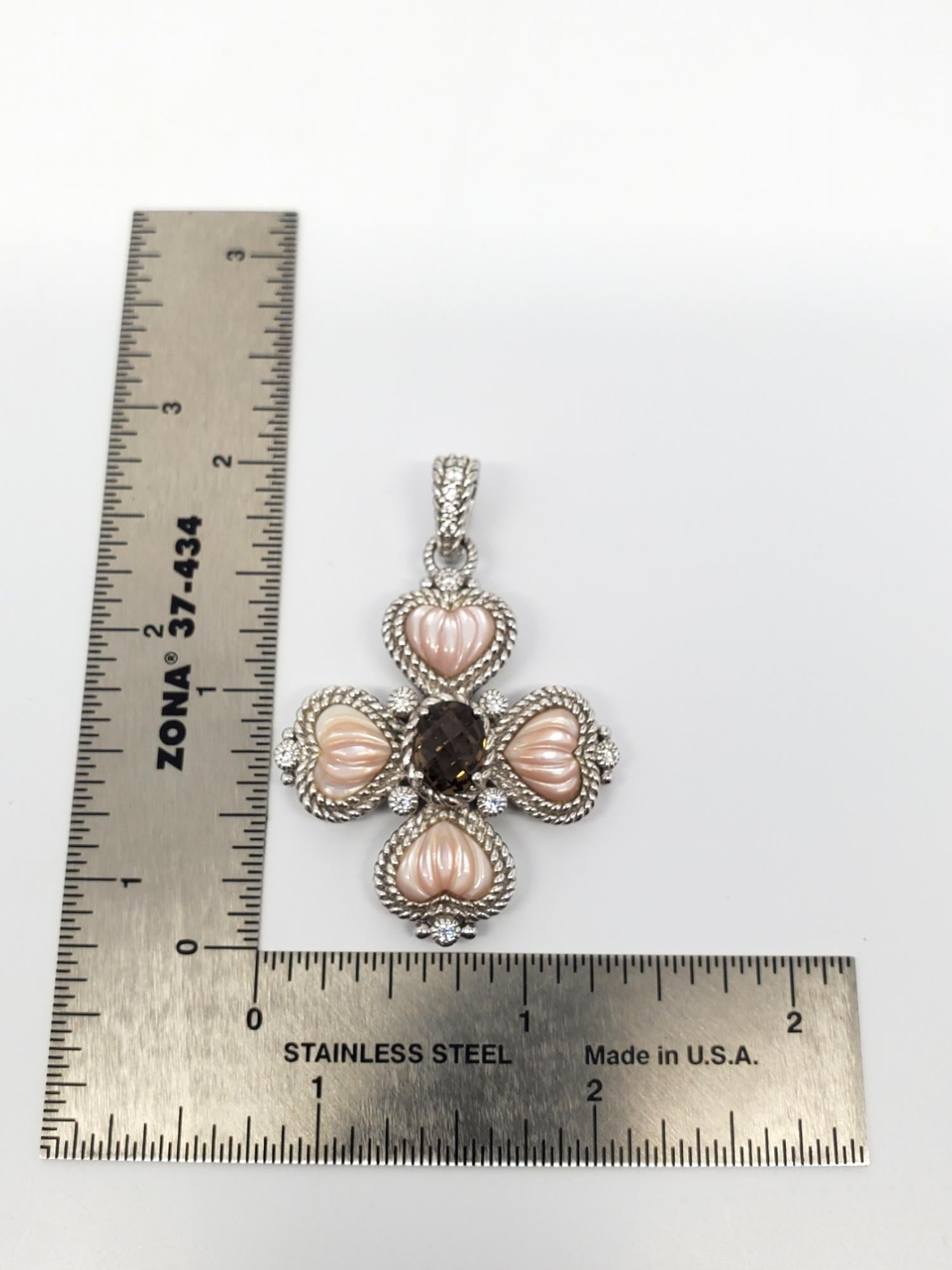 Judith Ripka Sterling Silver Smokey Quartz Mother Of Pearl & CZ Pendant # 18710 3