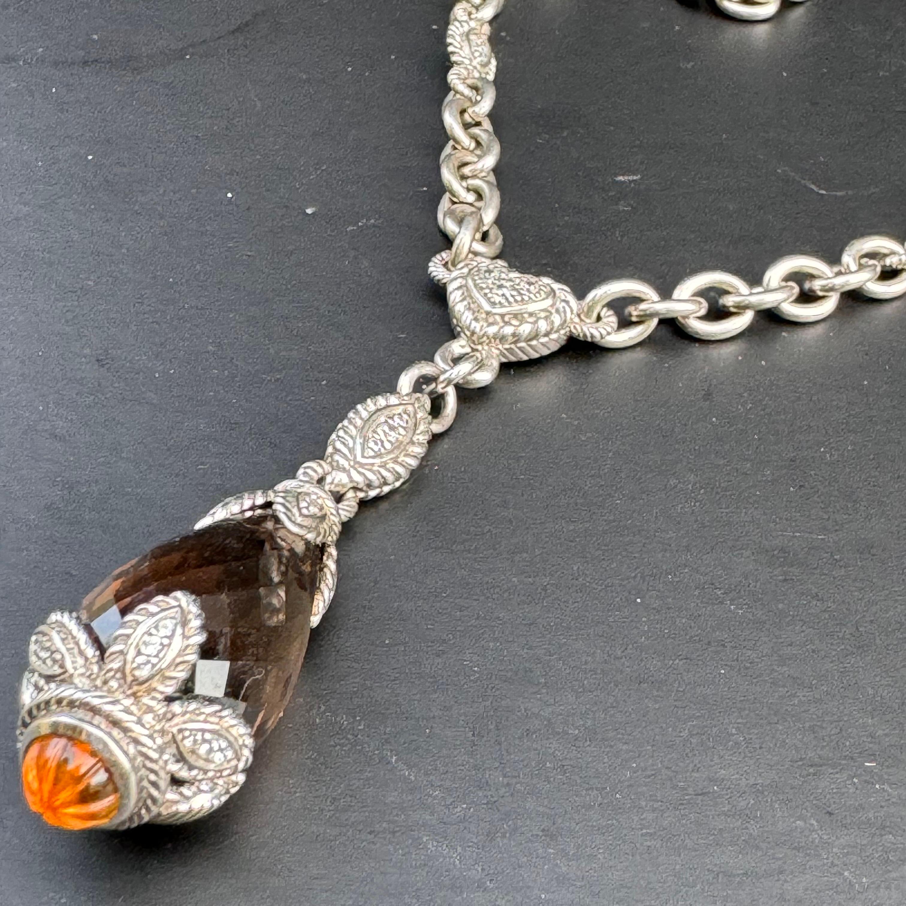 Women's or Men's Judith Ripka Sterling Silver Smoky Quartz Citrine CZ Necklace For Sale