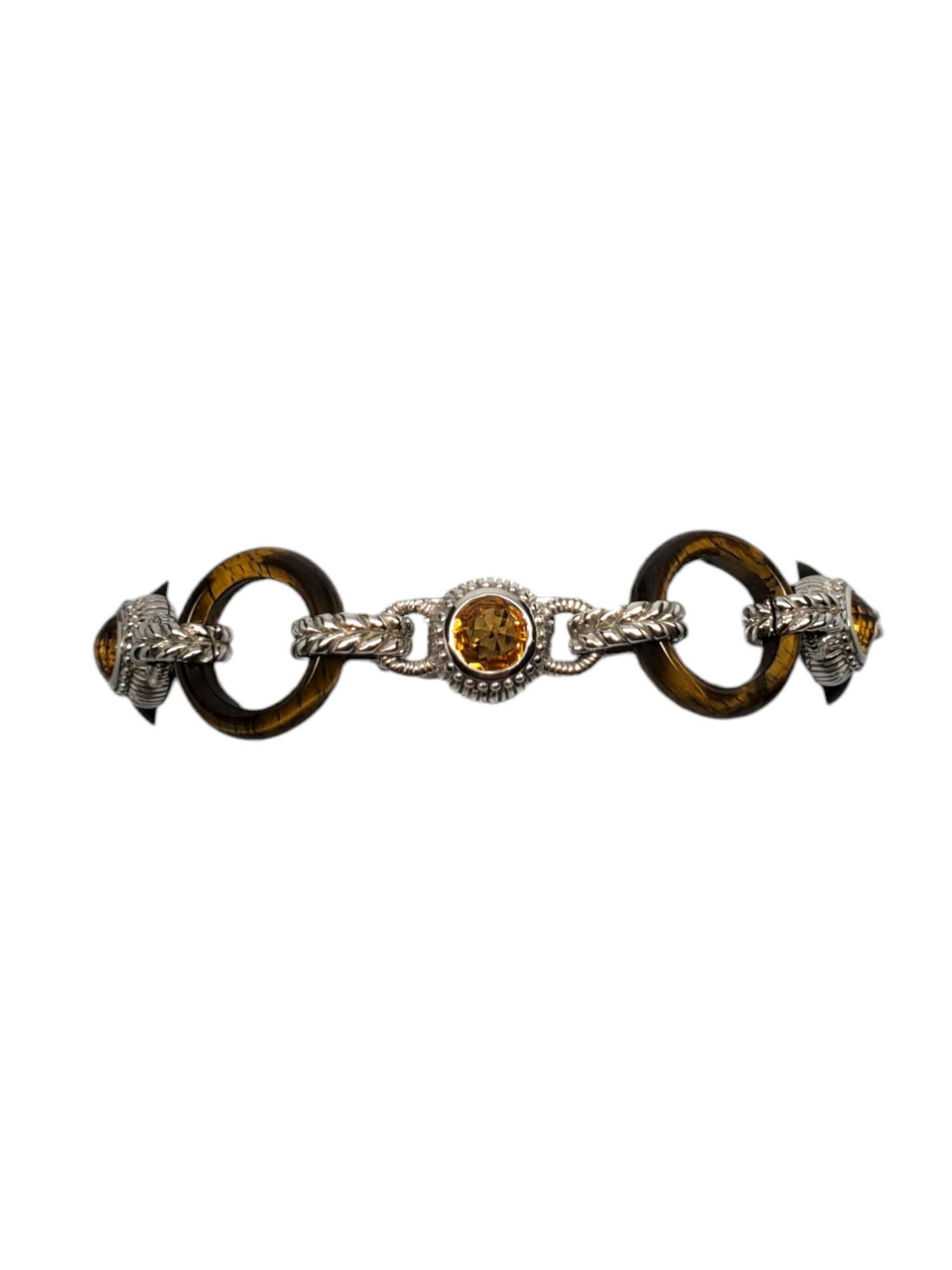 Round Cut Judith Ripka Sterling Silver Tigers Eye & Citrine Cable Toggle Bracelet #18765 For Sale