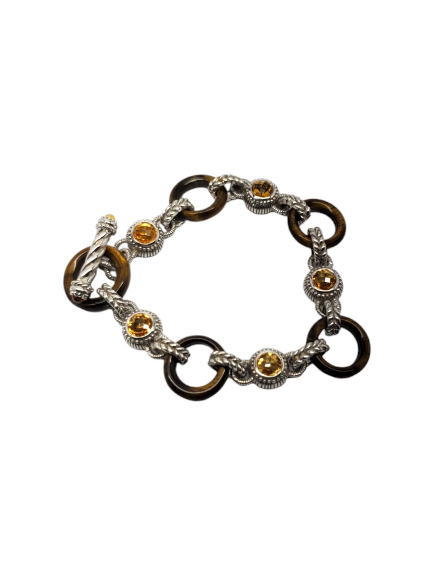 Judith Ripka Sterling Silver Tigers Eye & Citrine Cable Toggle Bracelet #18765 In Good Condition For Sale In Washington Depot, CT