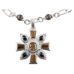 Judith Ripka Sterling Silver Tiger's Eye Pendant & Smoky Quartz Chain, Size 17