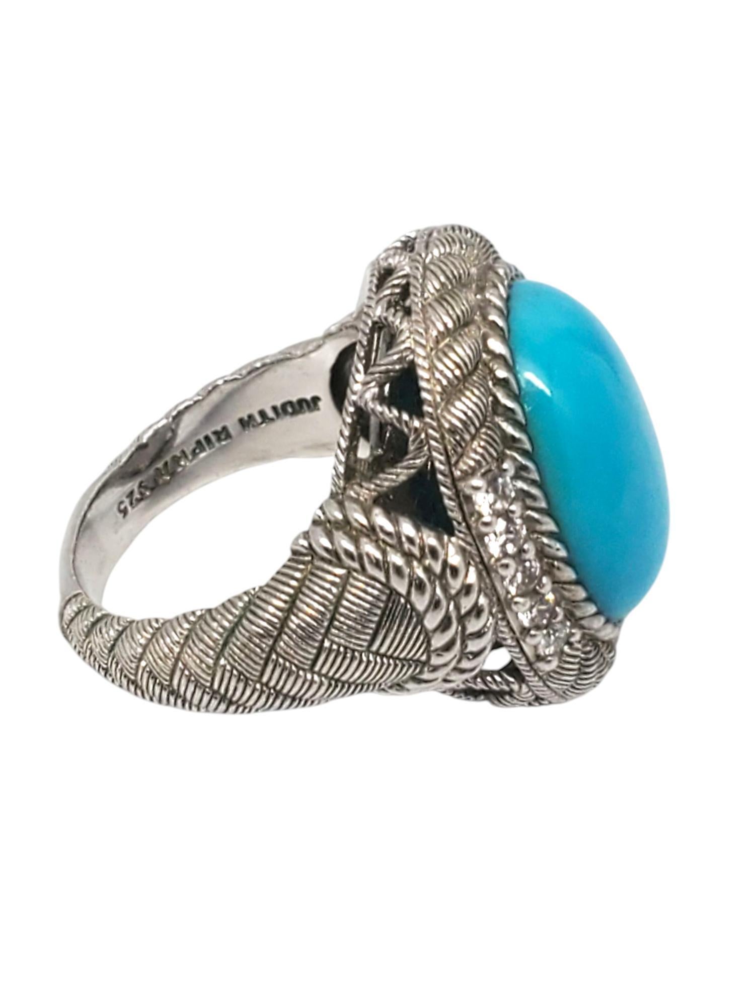 Judith Ripka Sterling Silver Turquoise and CZ Ring Size 7 #21106 In Good Condition In Washington Depot, CT