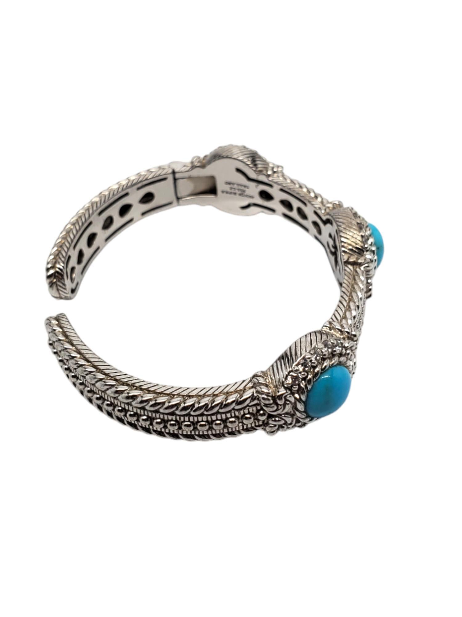Judith Ripka Sterling Silver Turquoise CZ Hinged Cuff Bracelet #19211 In Good Condition In Washington Depot, CT
