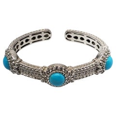 Judith Ripka Sterling Silver Turquoise CZ Hinged Cuff Bracelet #19211