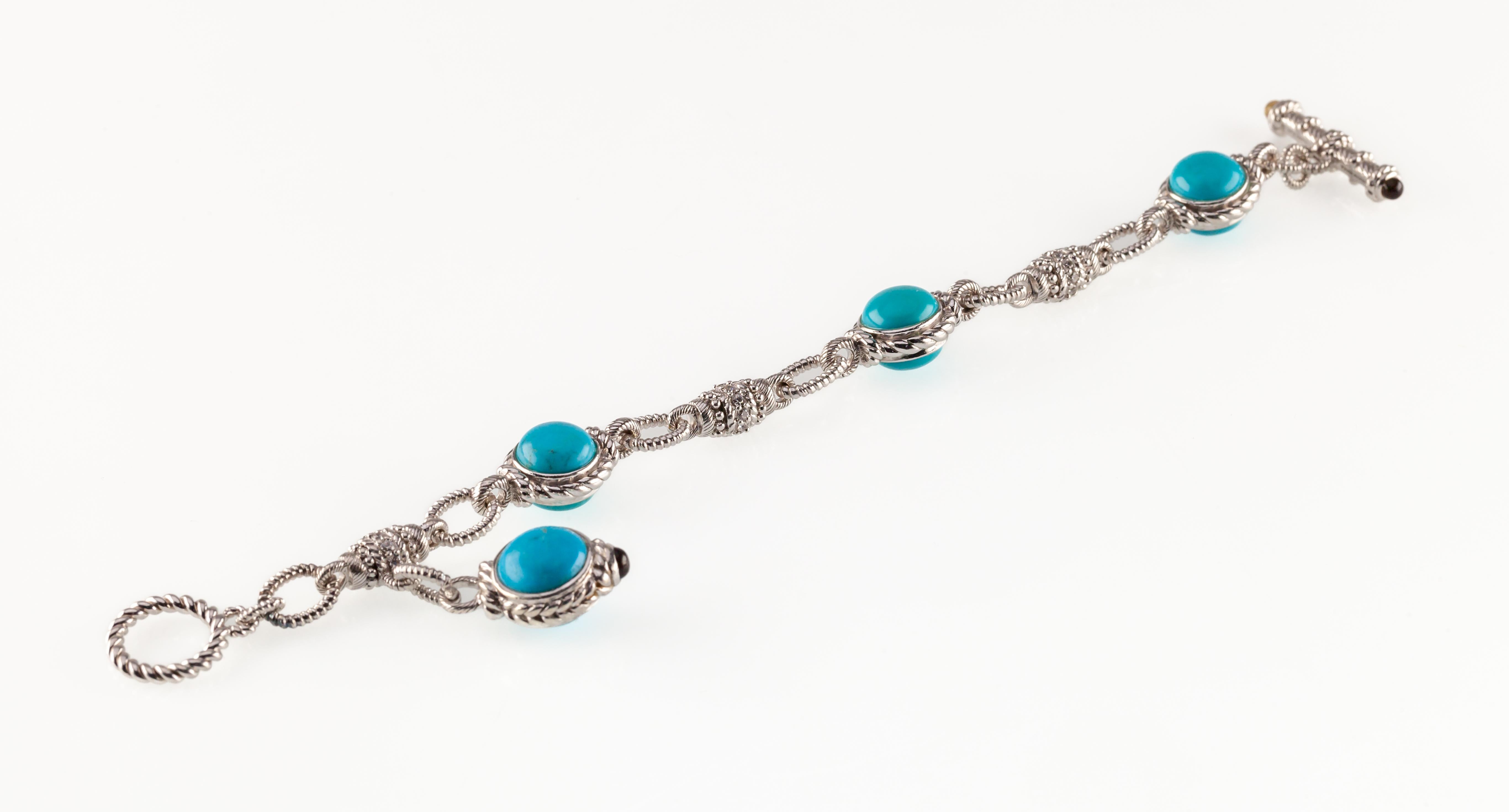 Judith Ripka Sterling Silver Turquoise Sleeping Beauty Bracelet with Charm In Good Condition In Sherman Oaks, CA