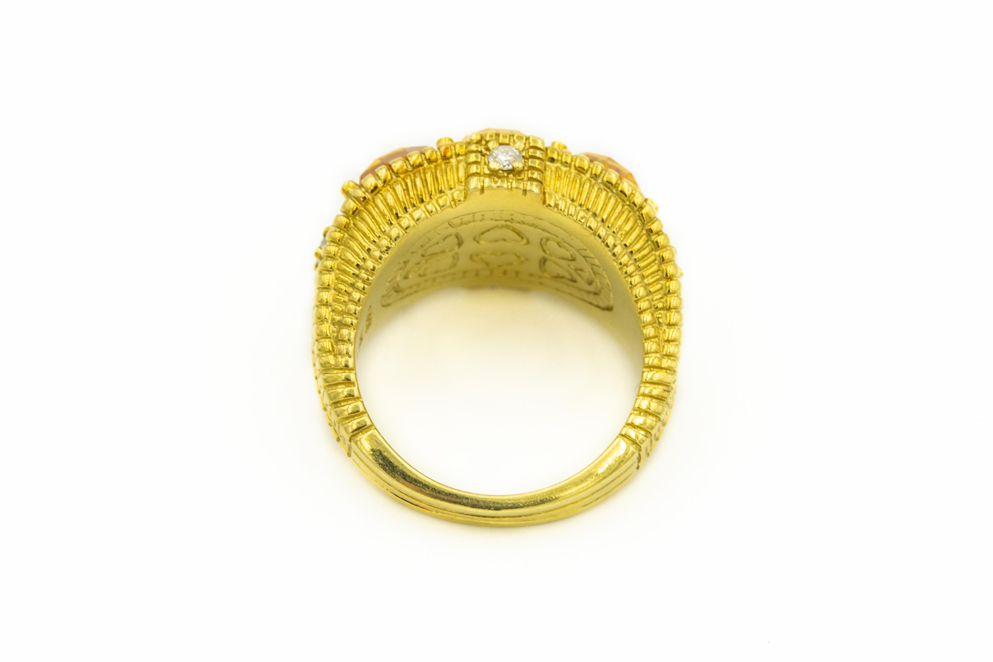 Round Cut Judith Ripka Three-Stone Citrine Diamond Textured 18k Yellow Gold Cocktail Ring