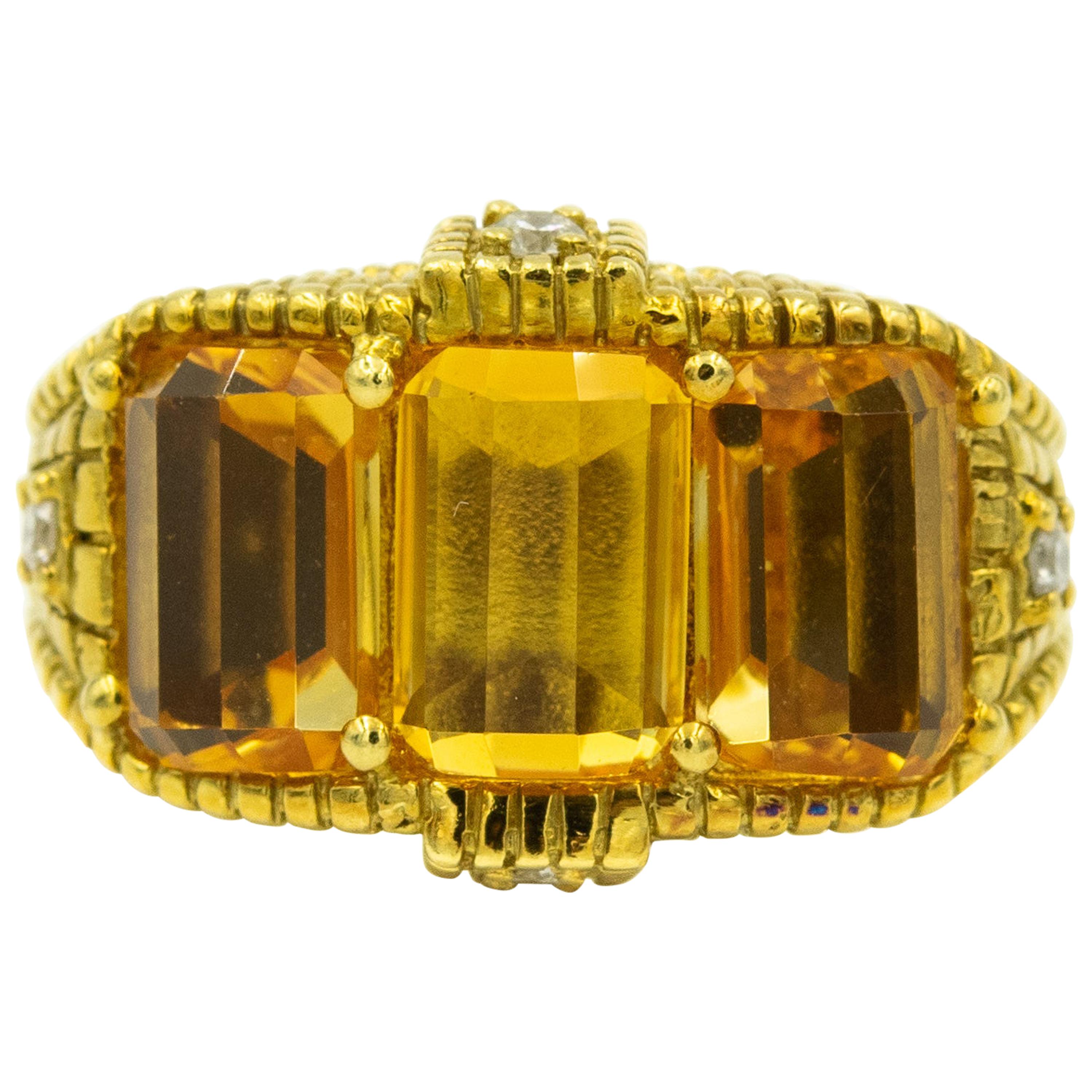 Judith Ripka Three-Stone Citrine Diamond Textured 18k Yellow Gold Cocktail Ring