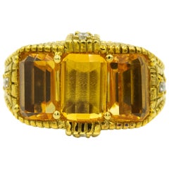 Retro Judith Ripka Three-Stone Citrine Diamond Textured 18k Yellow Gold Cocktail Ring