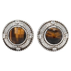 Vintage Judith Ripka Tiger's Eye Cubic Zirconia Earrings, Sterling Silver