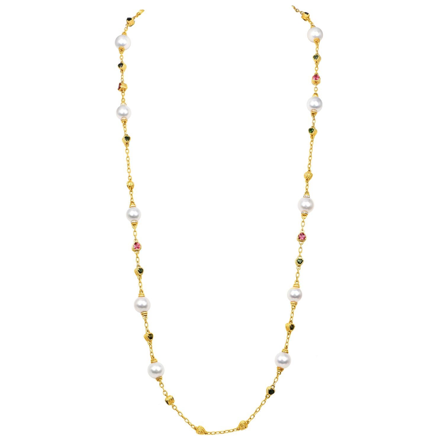 This chic and sophisticated Judith Ripka estate necklace is beautifully crafted in 18K yellow gold, blending luxurious materials with the designer's signature style.

The necklace features:

10 lustrous South Sea pearls, each approximately 11.5mm in
