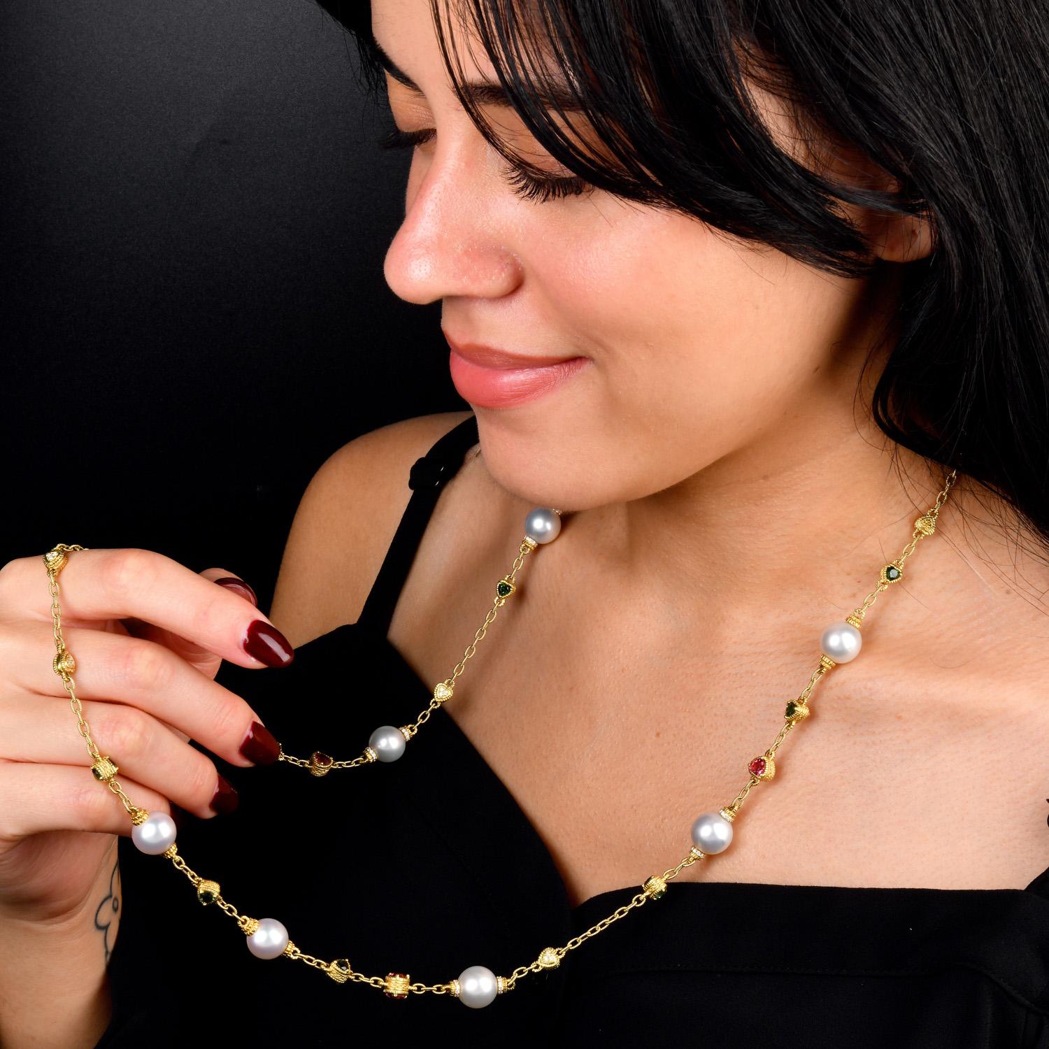 Round Cut Judith Ripka  Tourmaline, Diamond & South Sea Pearl Chain Necklace For Sale