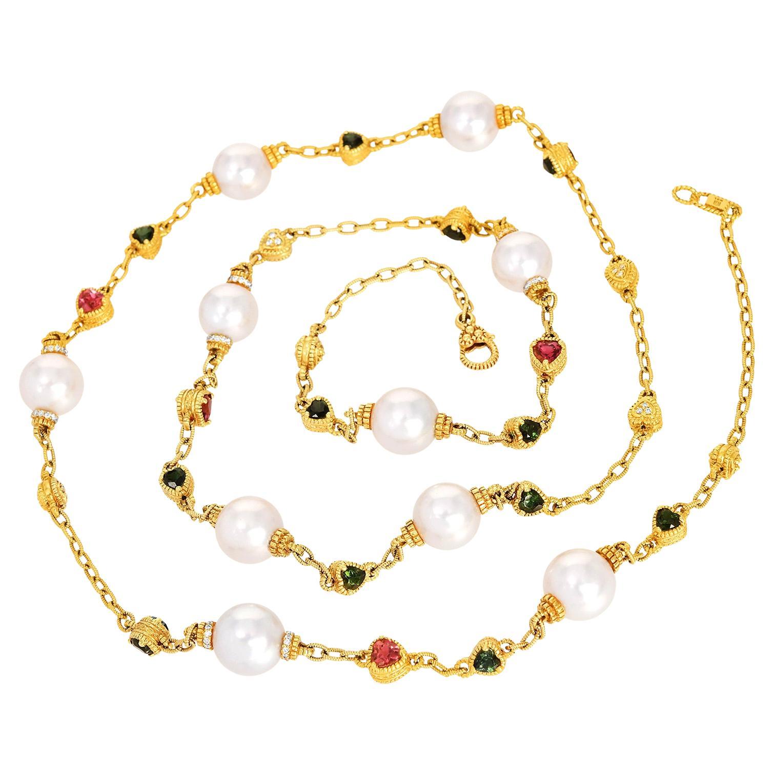 Judith Ripka  Tourmaline, Diamond & South Sea Pearl Chain Necklace For Sale