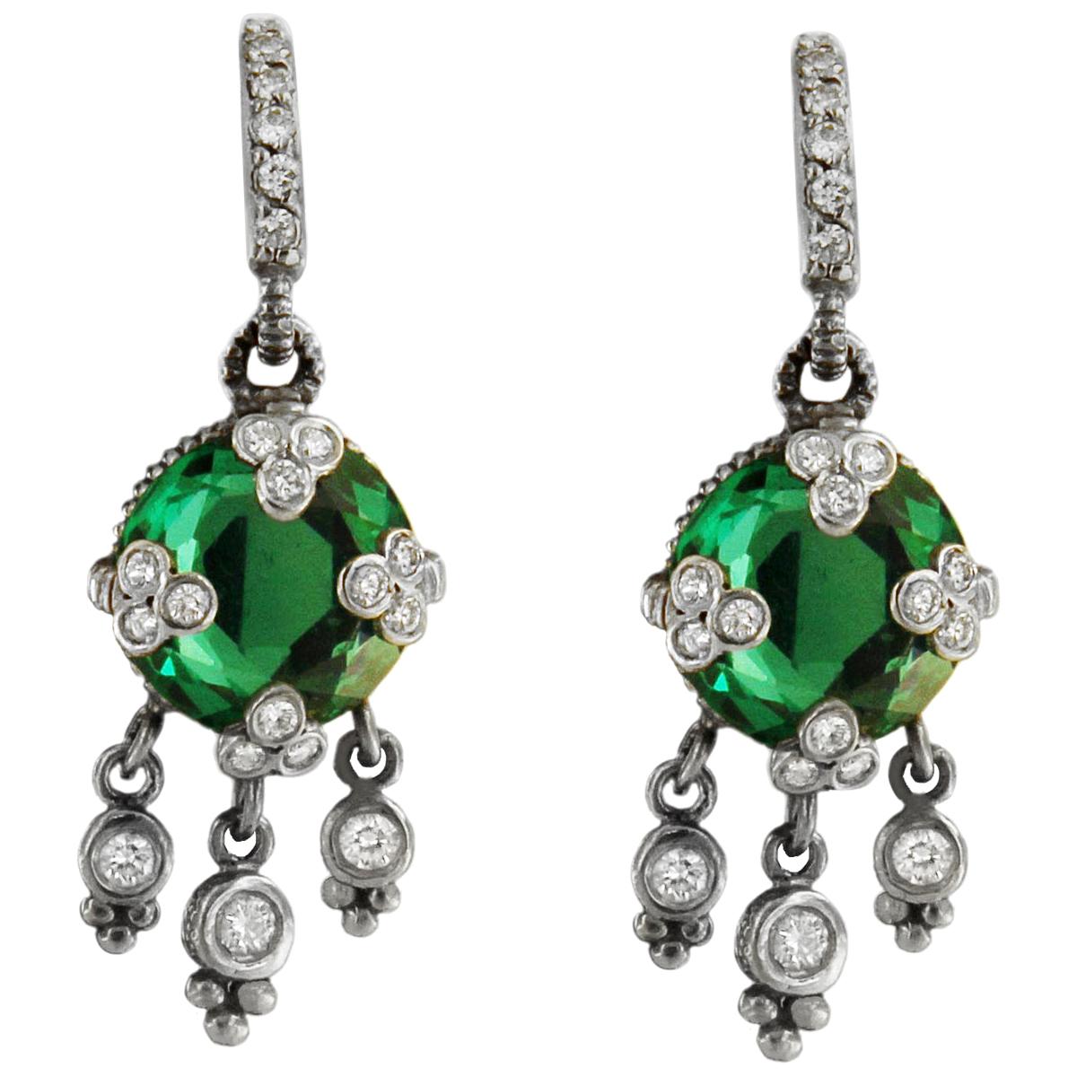 Judith Ripka Green Quartz in 14 Karat White Gold Earrings with Diamonds