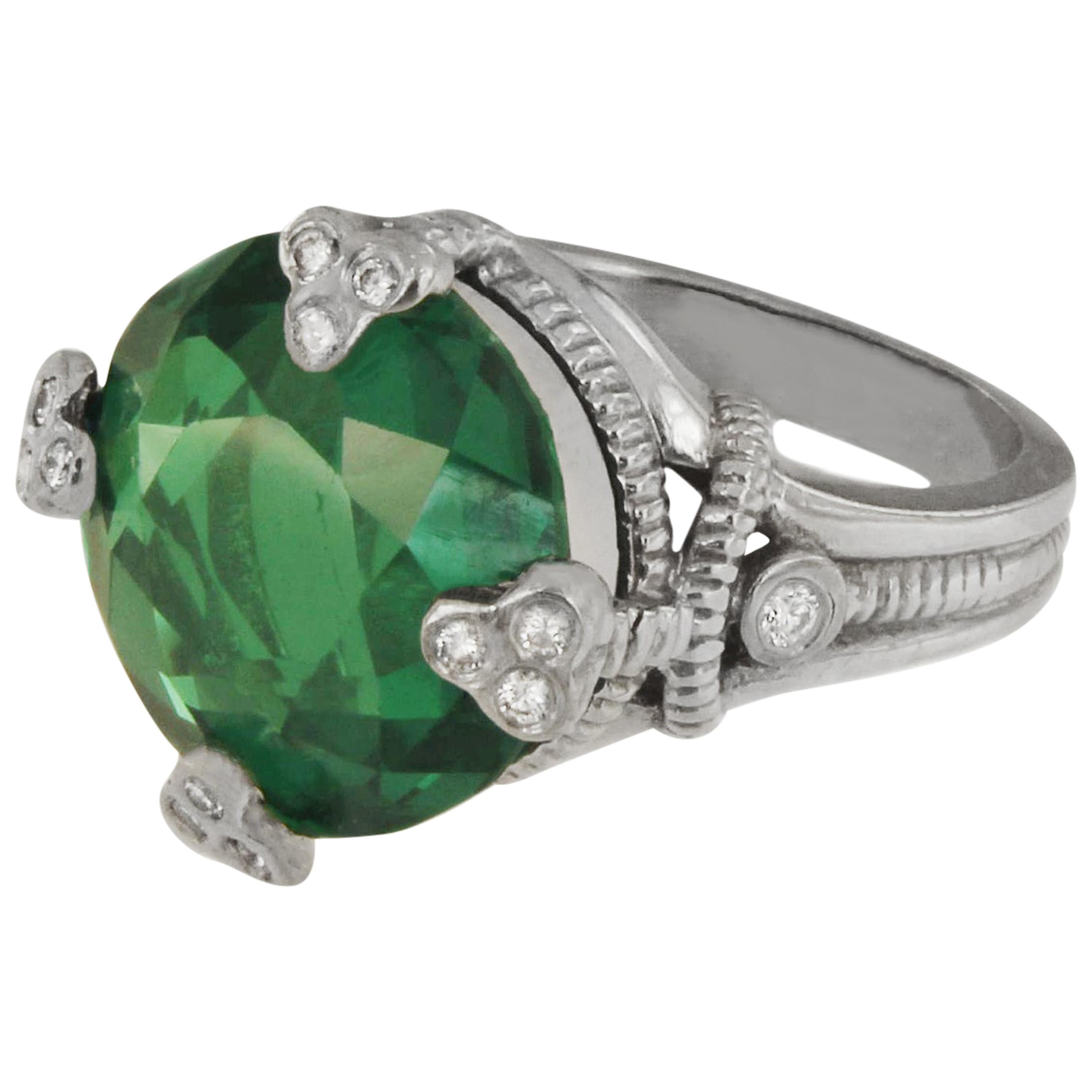 Judith Ripka Green Quartz in 14 Karat White Gold Ring with Diamonds