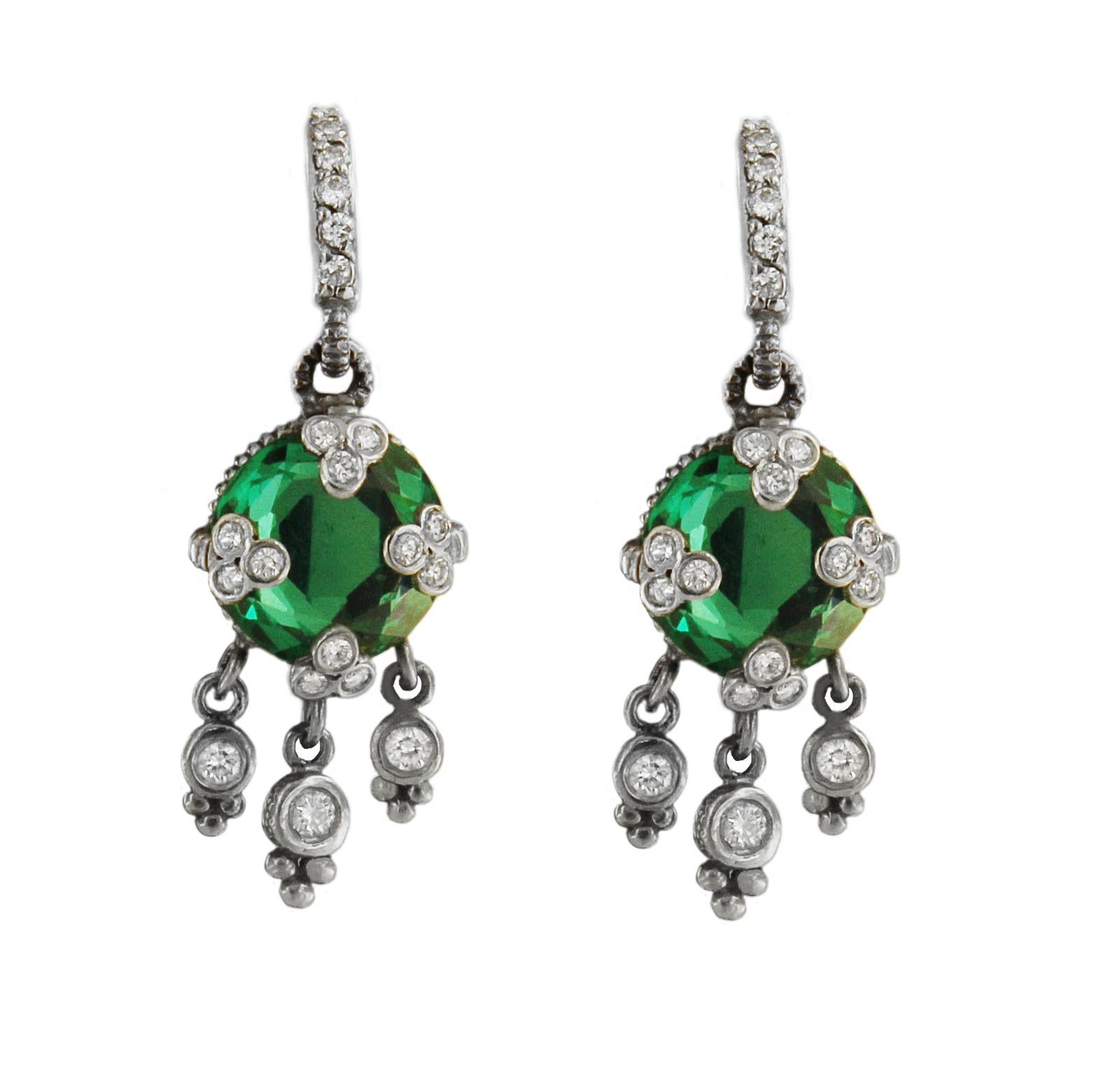 Round Cut Judith Ripka Green Quartz in 14 Karat White Gold Earrings with Diamonds