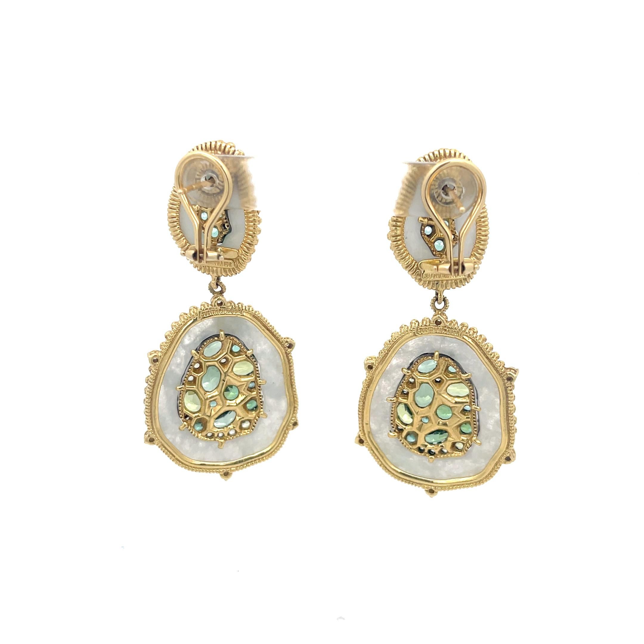 Round Cut Judith Ripka Tsavorite & Diamond Dangle Earrings 18K Yellow Gold For Sale