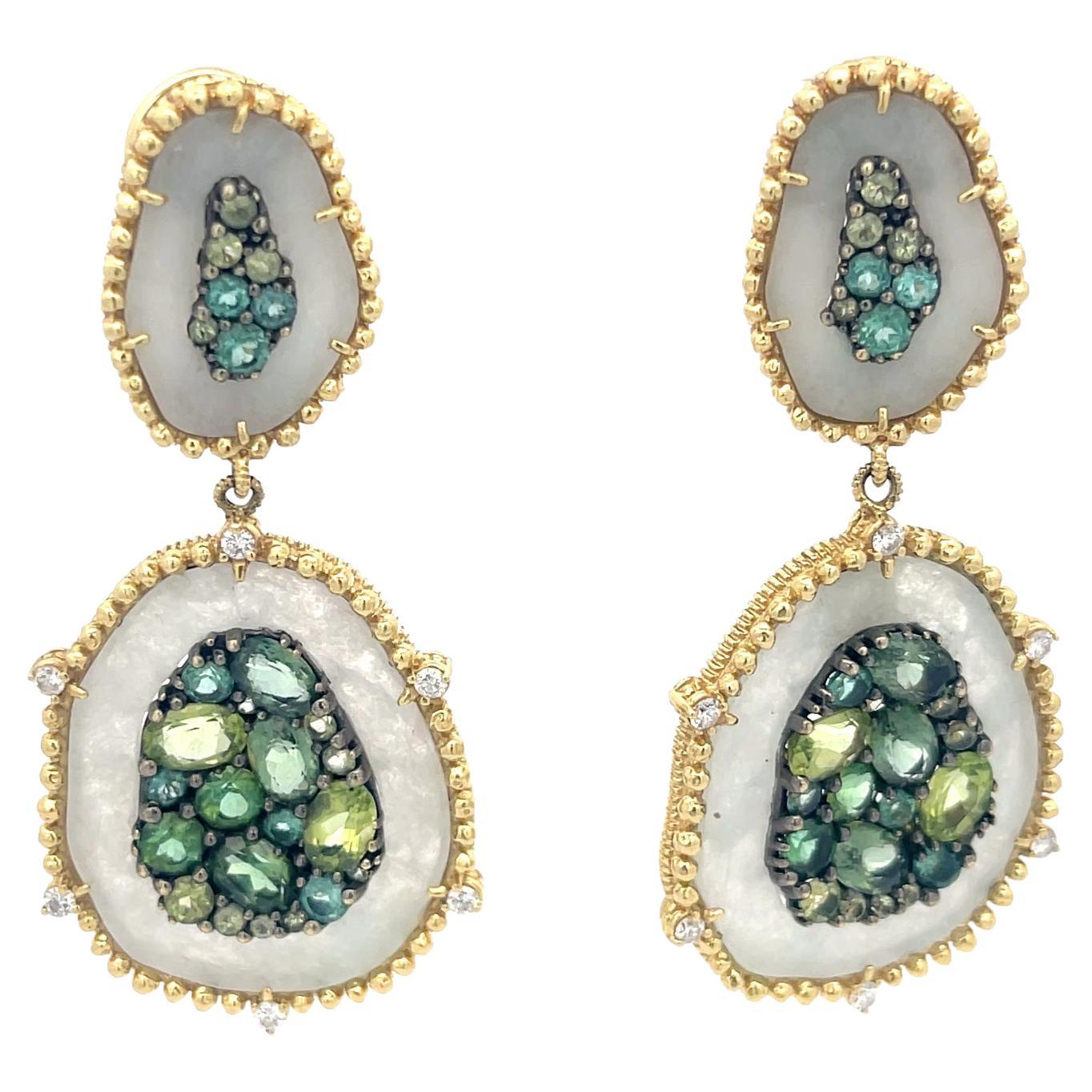 Judith Ripka Tsavorite & Diamond Dangle Earrings 18K Yellow Gold For Sale