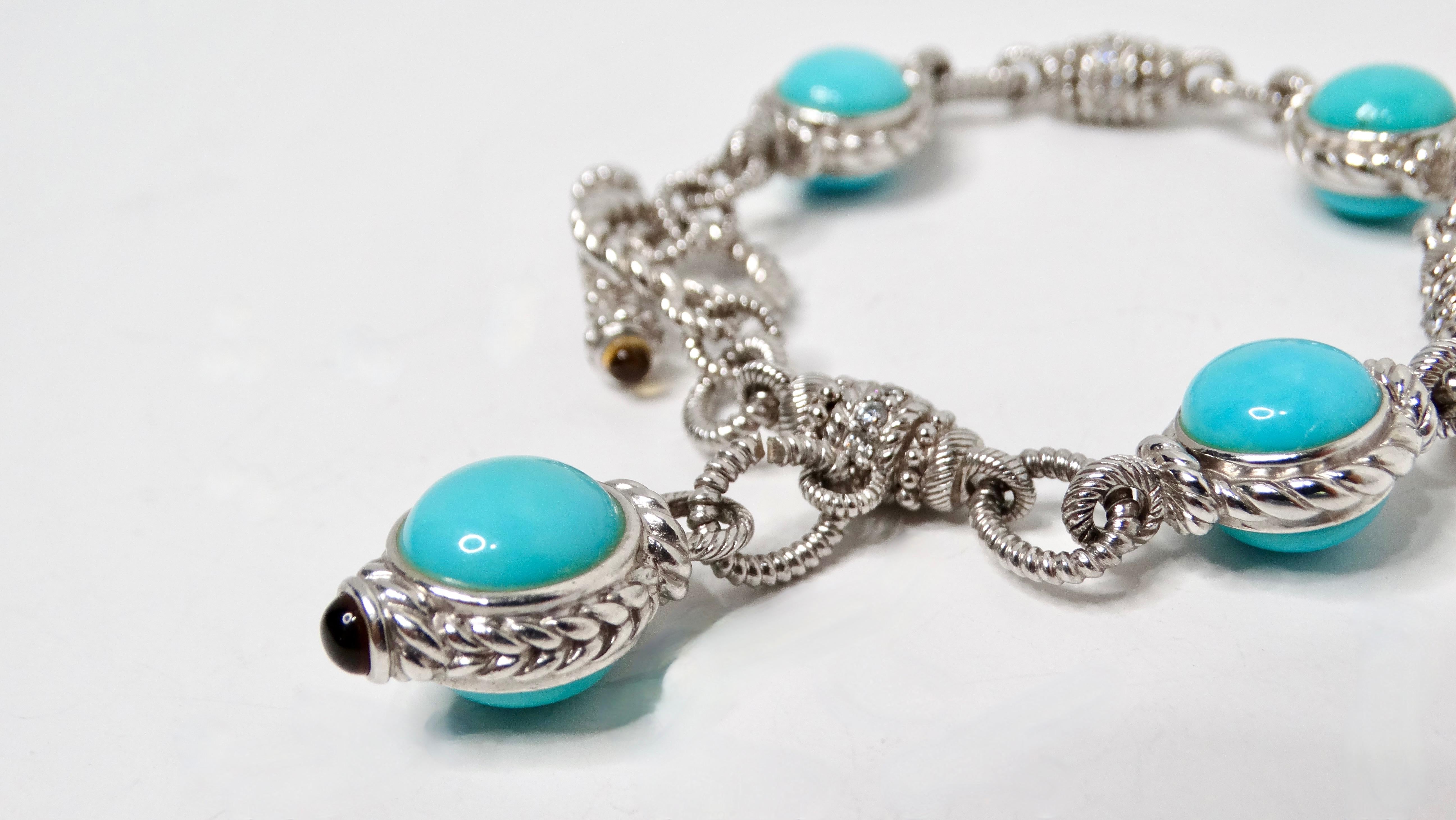 Judith Ripka Bracelet à maillons en argent sterling avec turquoise et citrine Bon état - En vente à Scottsdale, AZ