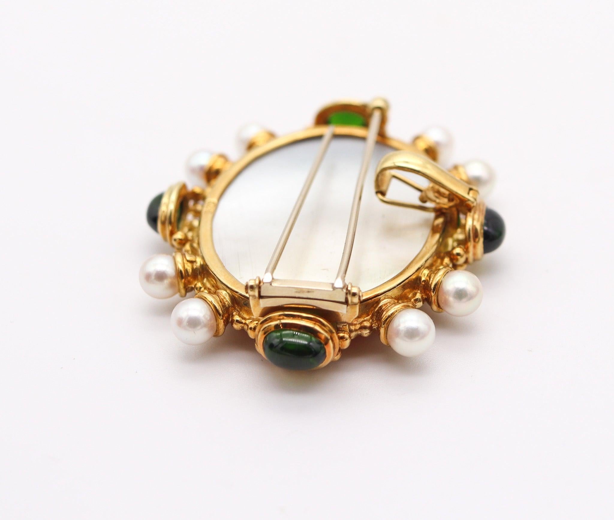 JUDITH RIPKA Venetian Intaglio Cameo Pendant Brooch In 18Kt Gold With Pearls For Sale 4