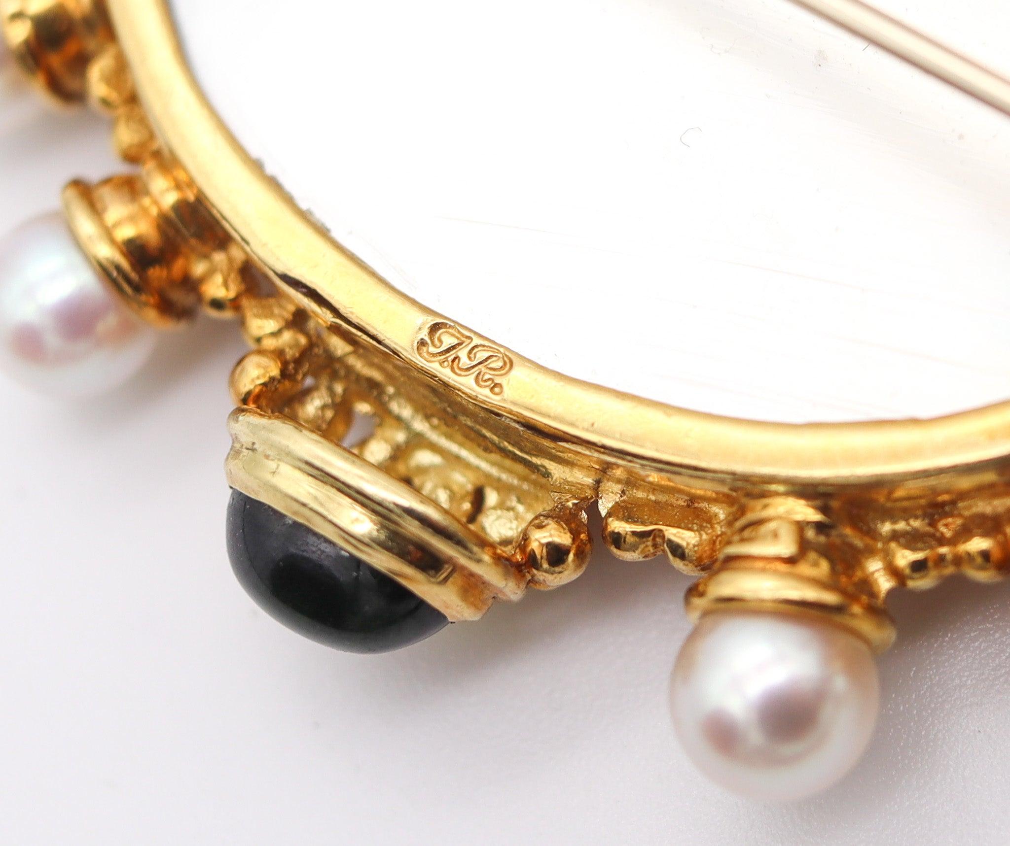 JUDITH RIPKA Venetian Intaglio Cameo Pendant Brooch In 18Kt Gold With Pearls For Sale 1