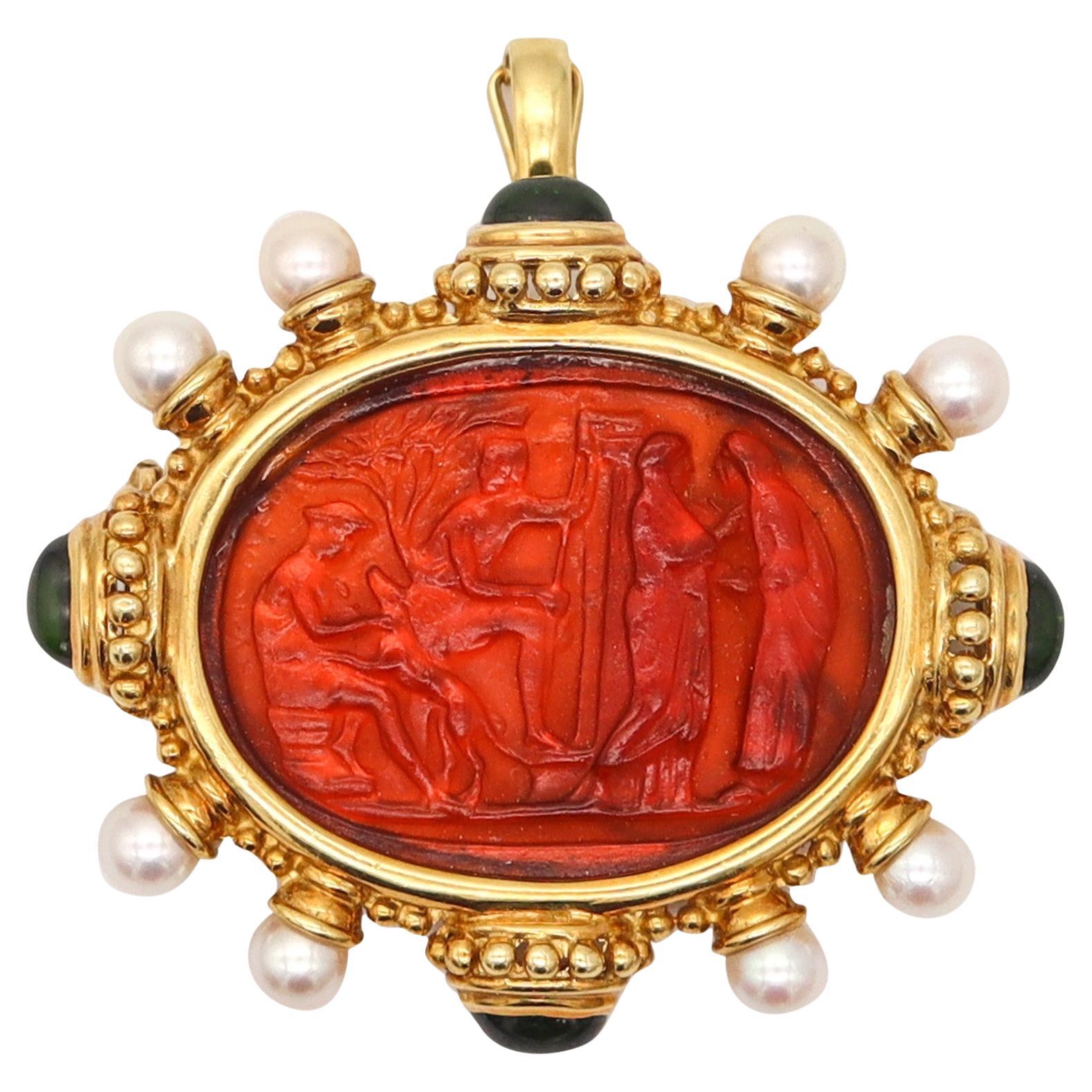 JUDITH RIPKA Venetian Intaglio Cameo Pendant Brooch In 18Kt Gold With Pearls