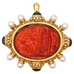 JUDITH RIPKA Venetian Intaglio Cameo Pendant Brooch In 18Kt Gold With Pearls