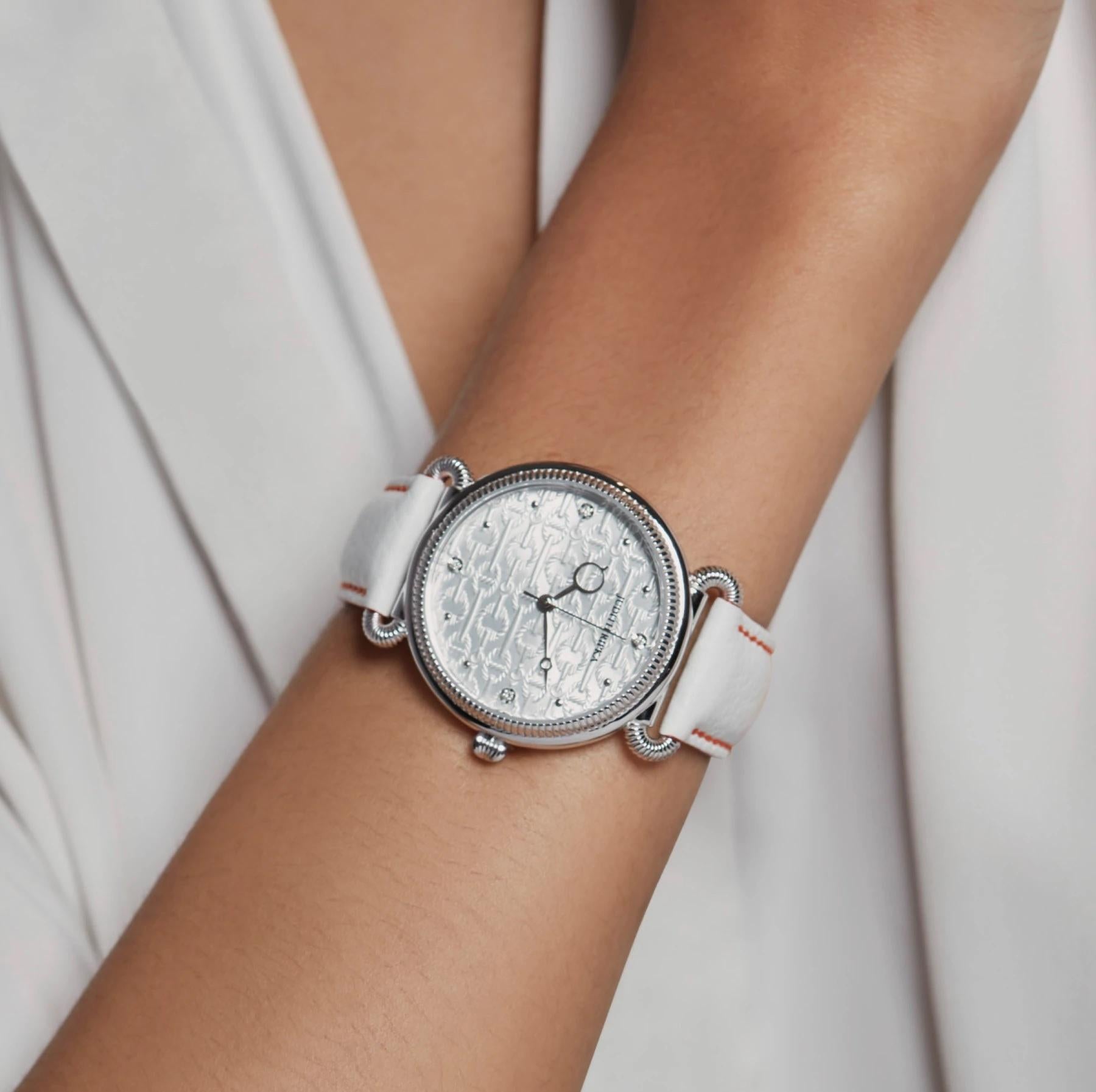 Judith Ripka, Wiener Uhr, Sterlingsilber mit Diamanten und weißem Leder im Zustand „Neu“ in Rancho Mirage, CA