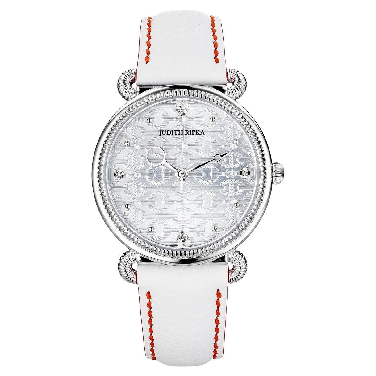 Judith Ripka, Vienna Watch, Sterling Silver with Diamonds & White Leather For Sale