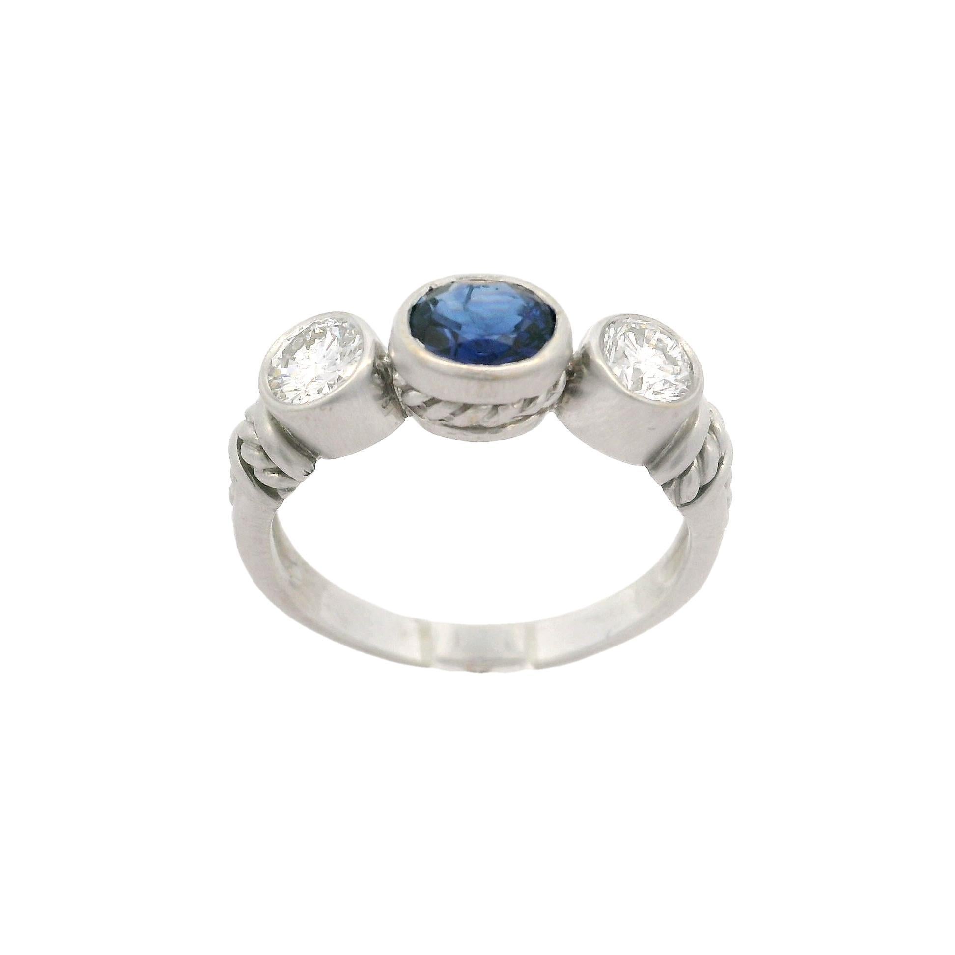 –Stone(s)–
(1) Natural Genuine Sapphire - Oval Cut - Bezel Set - Royal Blue Color - 6.4x5.2mm - 0.90ct (approx.)
(2) Natural Genuine Diamonds - Round Brilliant Cut - Bezel Set - G/H Color - VS1/VS2 Clarity - 0.90ctw (approx.)
Total Carat Weight: