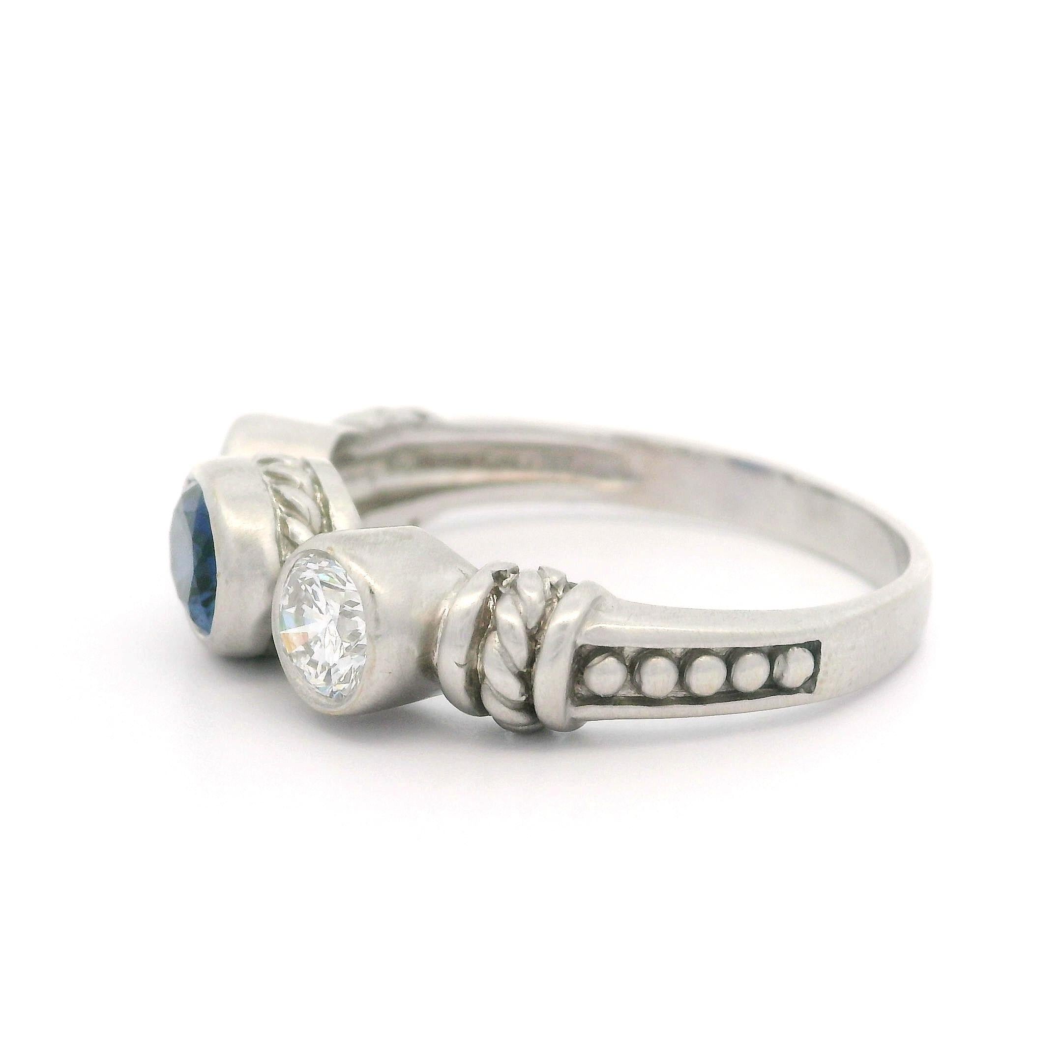 Judith Ripka White Gold 1.80ctw Bezel Oval Sapphire Round Diamond Matte Ring For Sale 1