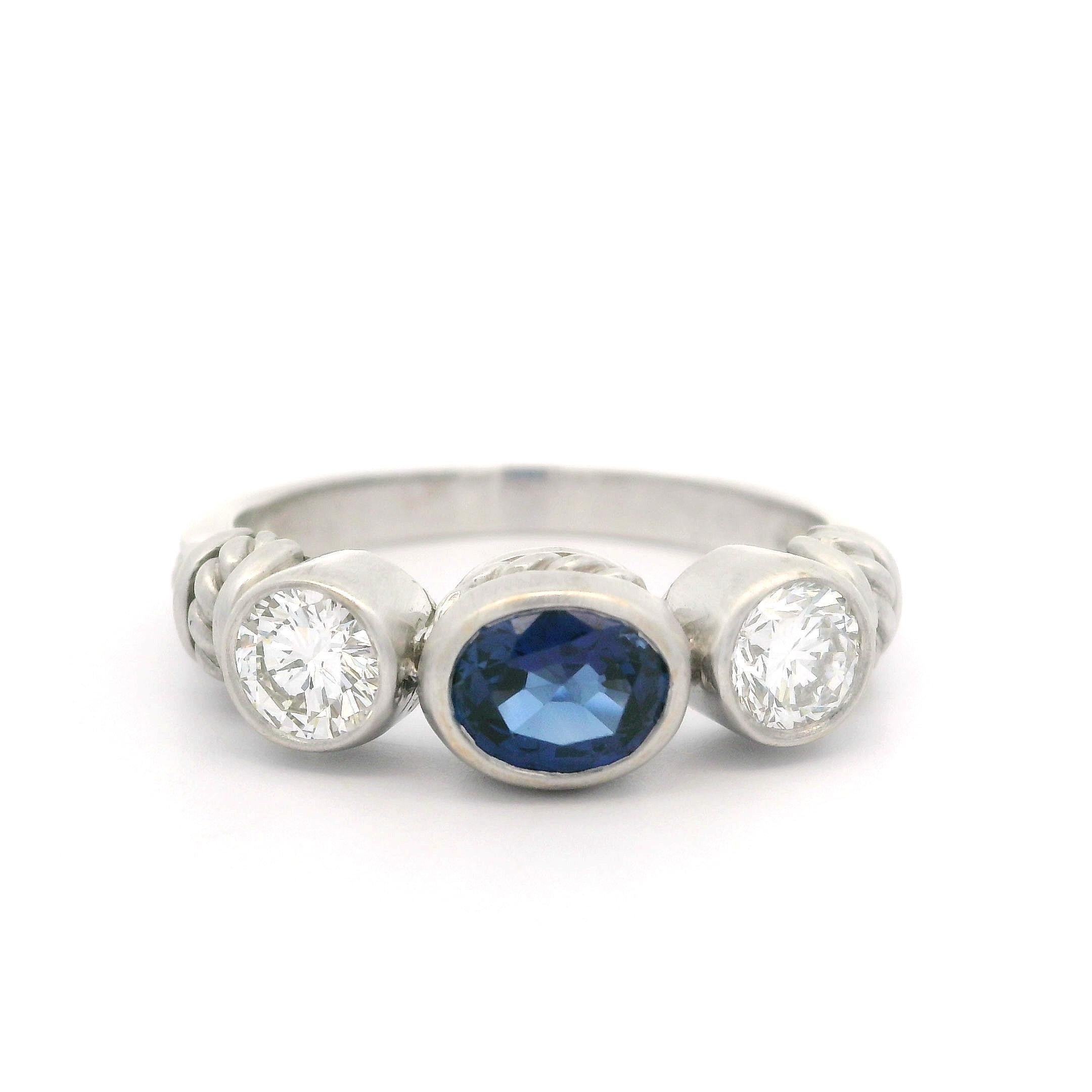 Judith Ripka White Gold 1.80ctw Bezel Oval Sapphire Round Diamond Matte Ring For Sale 4