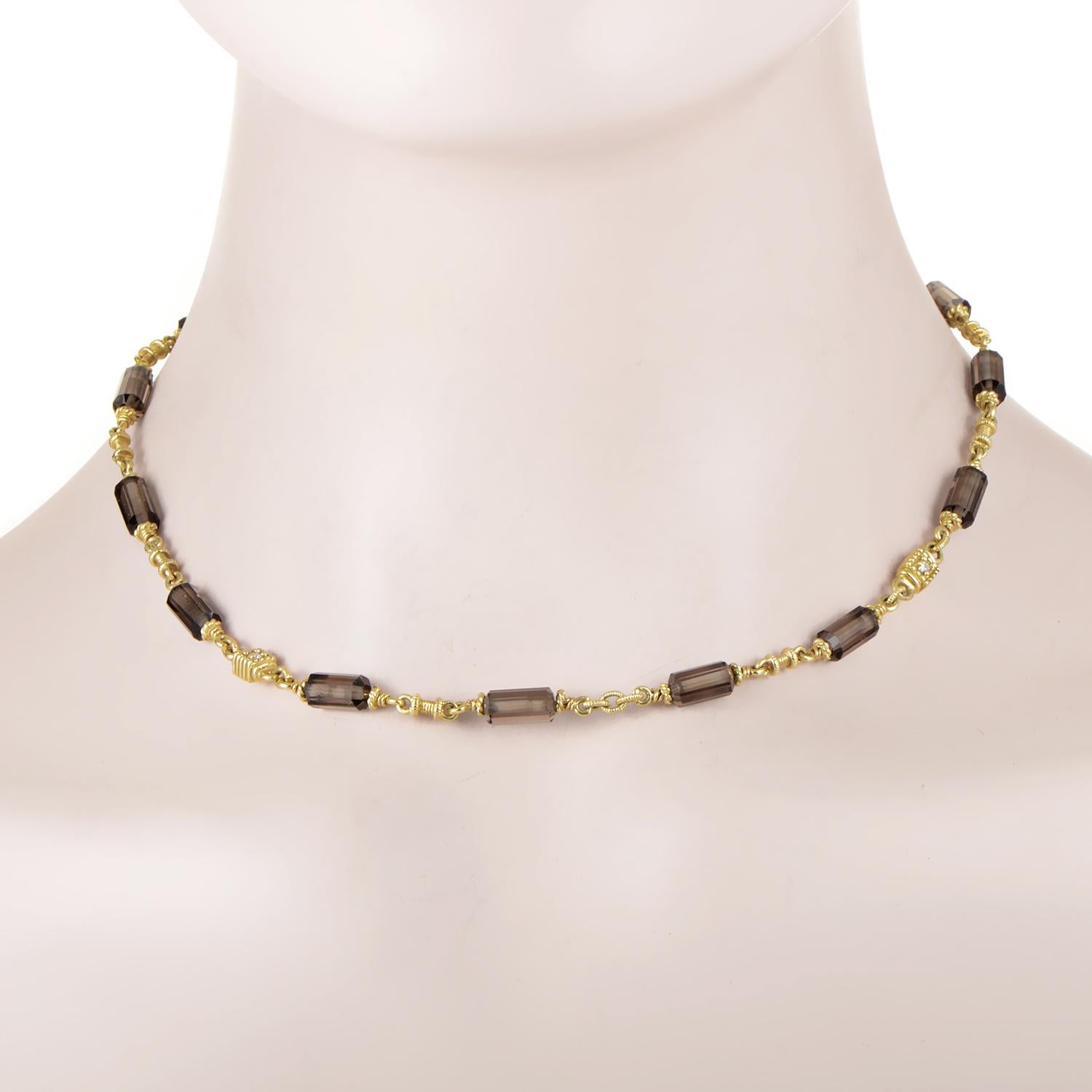 Made of intricately ornamented 18K yellow gold and enchanting smoky quartz stones of appealing shape and compelling nuance, this spellbinding necklace from Judith Ripka also boasts a delicate 0.10ct diamond at the clasp.
