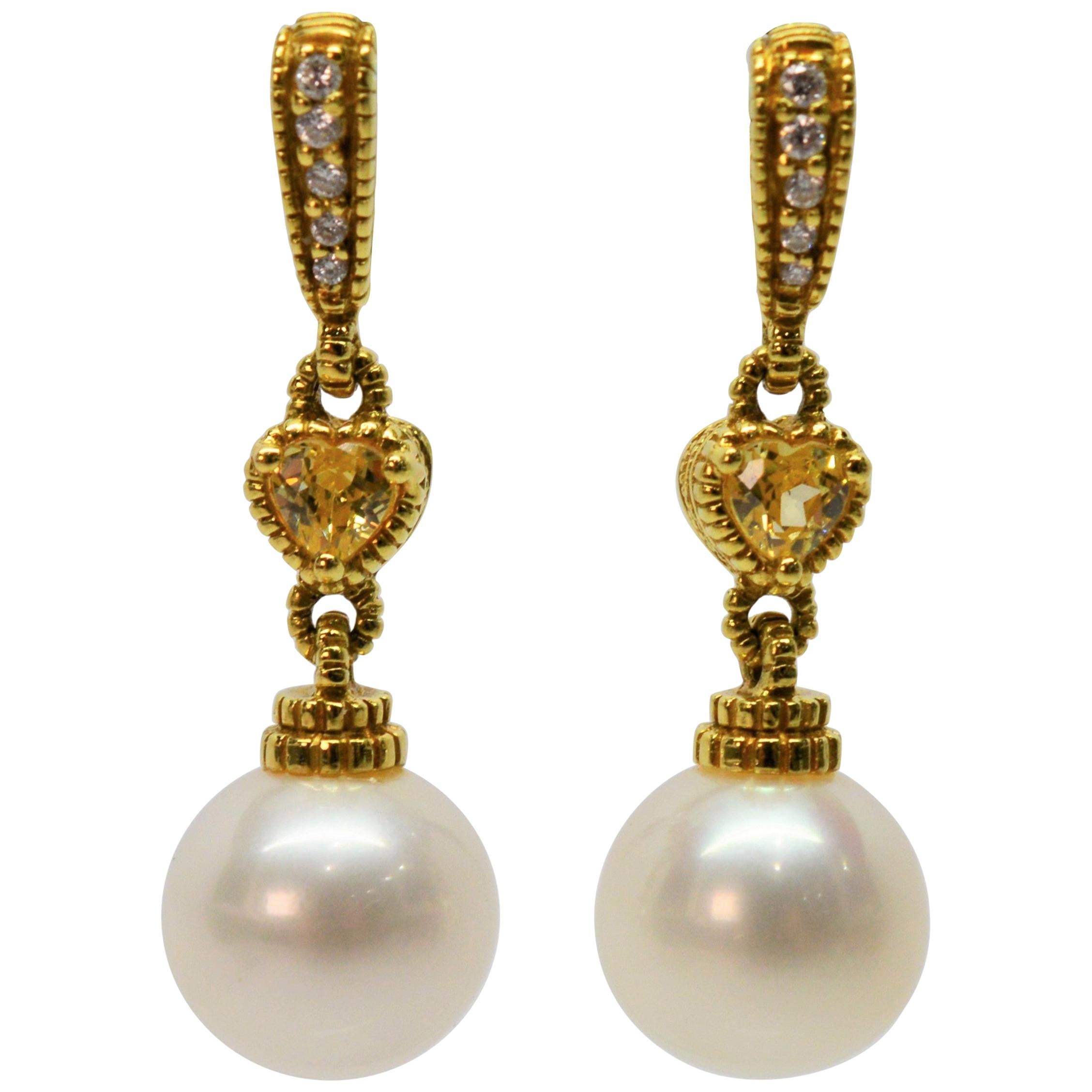 Judith Ripka 18K Yellow Gold Pearl Drop Earrings with Diamond Citrine Accents