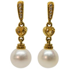 Judith Ripka Yellow Gold Pearl Drop Earrings with Diamond Citrine Accents
