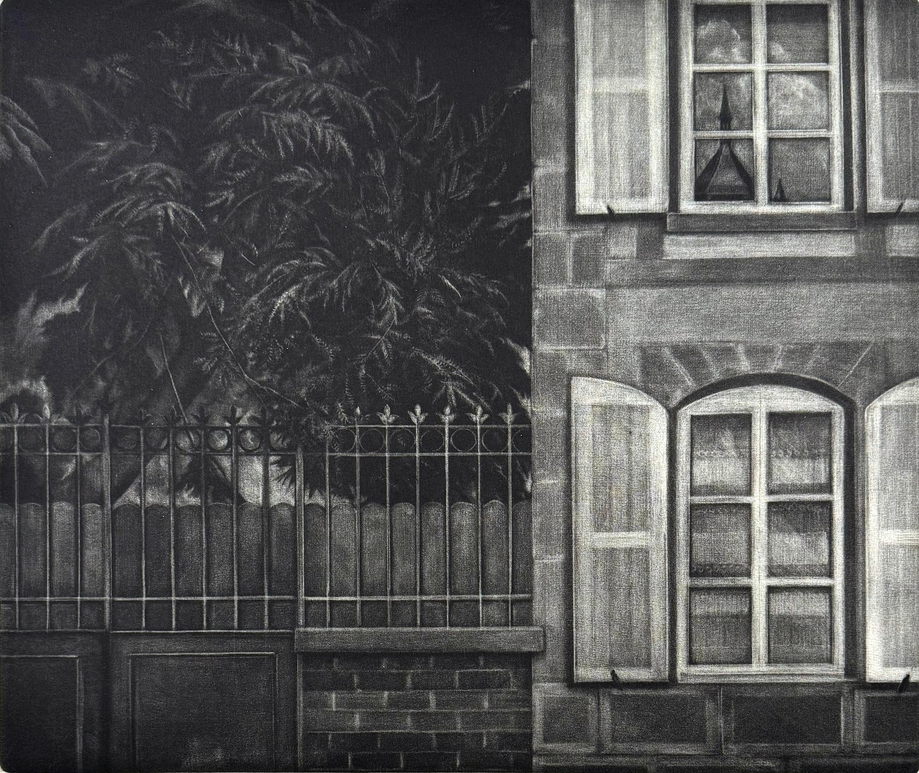 Signed, numbered and titled by the artist..
Edition of 75
Medium: mezzotint
Image size 9.8 x 11.5 inches

The handsome stone facade of a building in a garden setting. This is a signed, numbered mezzotint, #17/75.

Judith Rothchild is an American