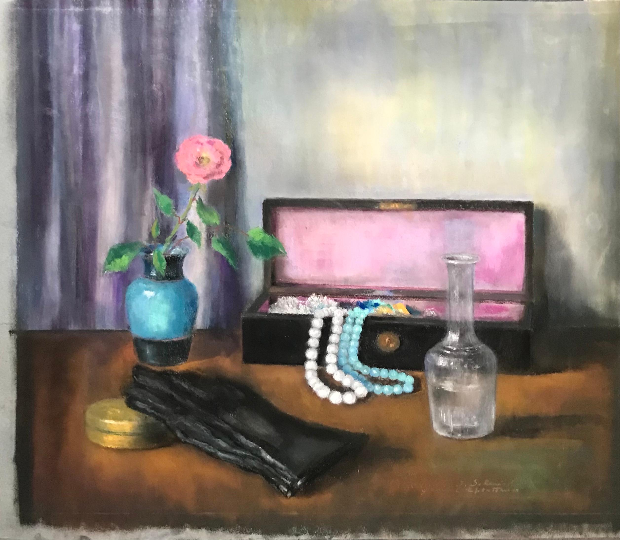 Judith SCHMID-L'EPLATTENIER Still-Life Painting - Colliers de perles by Judith Schmid-L'Eplattenier - Pastel 46x54 cm