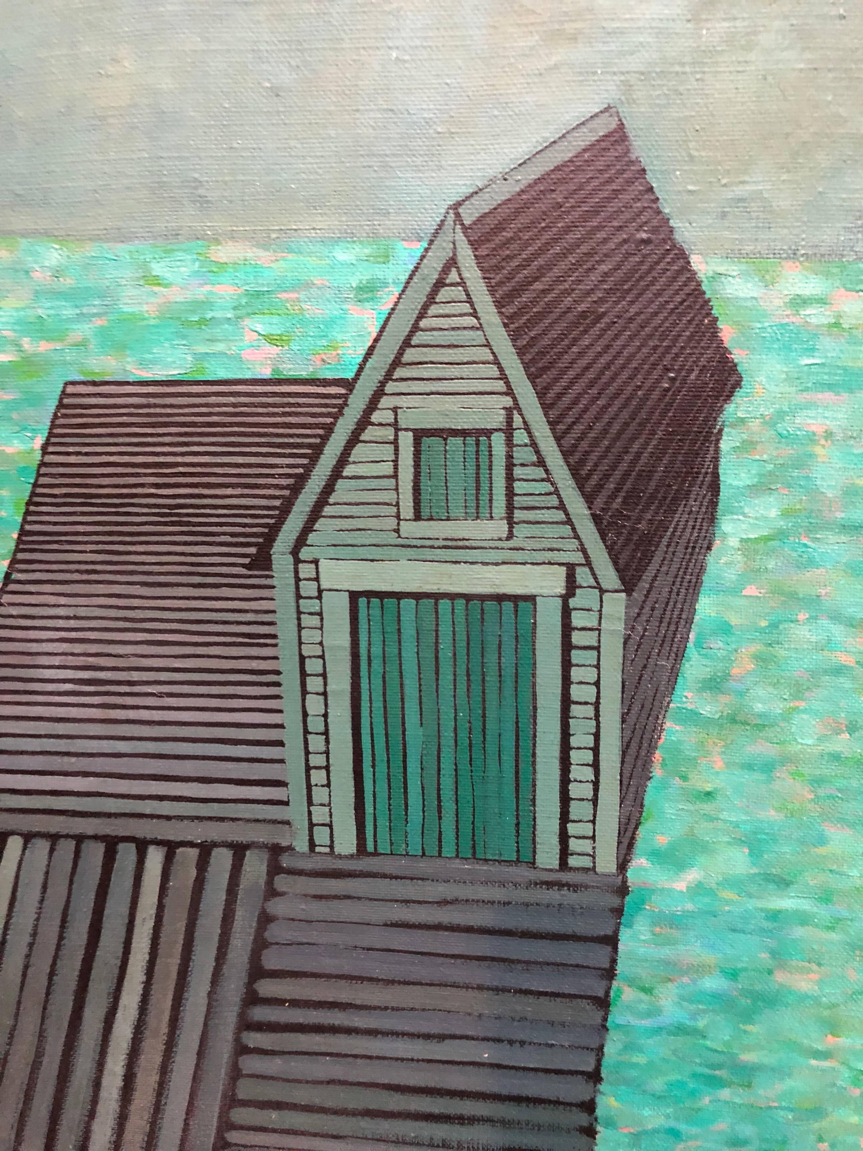 Pintura al óleo modernista Muelle abstracto con barco Judith Shahn en venta 1