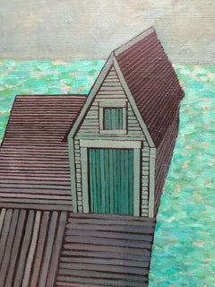 Pintura al óleo de estilo modernista americano: muelle abstracto con un barco, de Judith Shahn, modernismo
