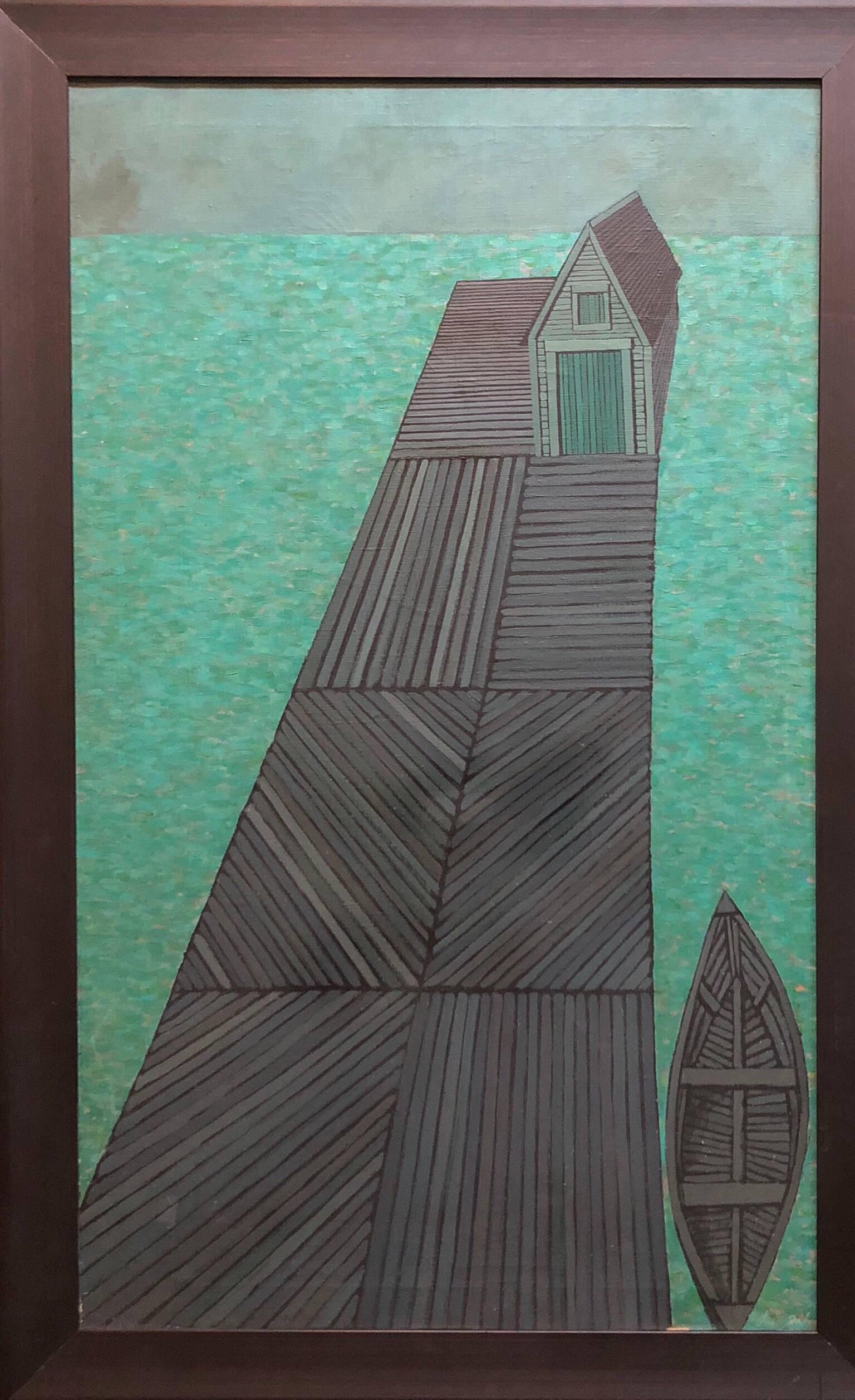 Pintura al óleo modernista Muelle abstracto con barco Judith Shahn en venta 3