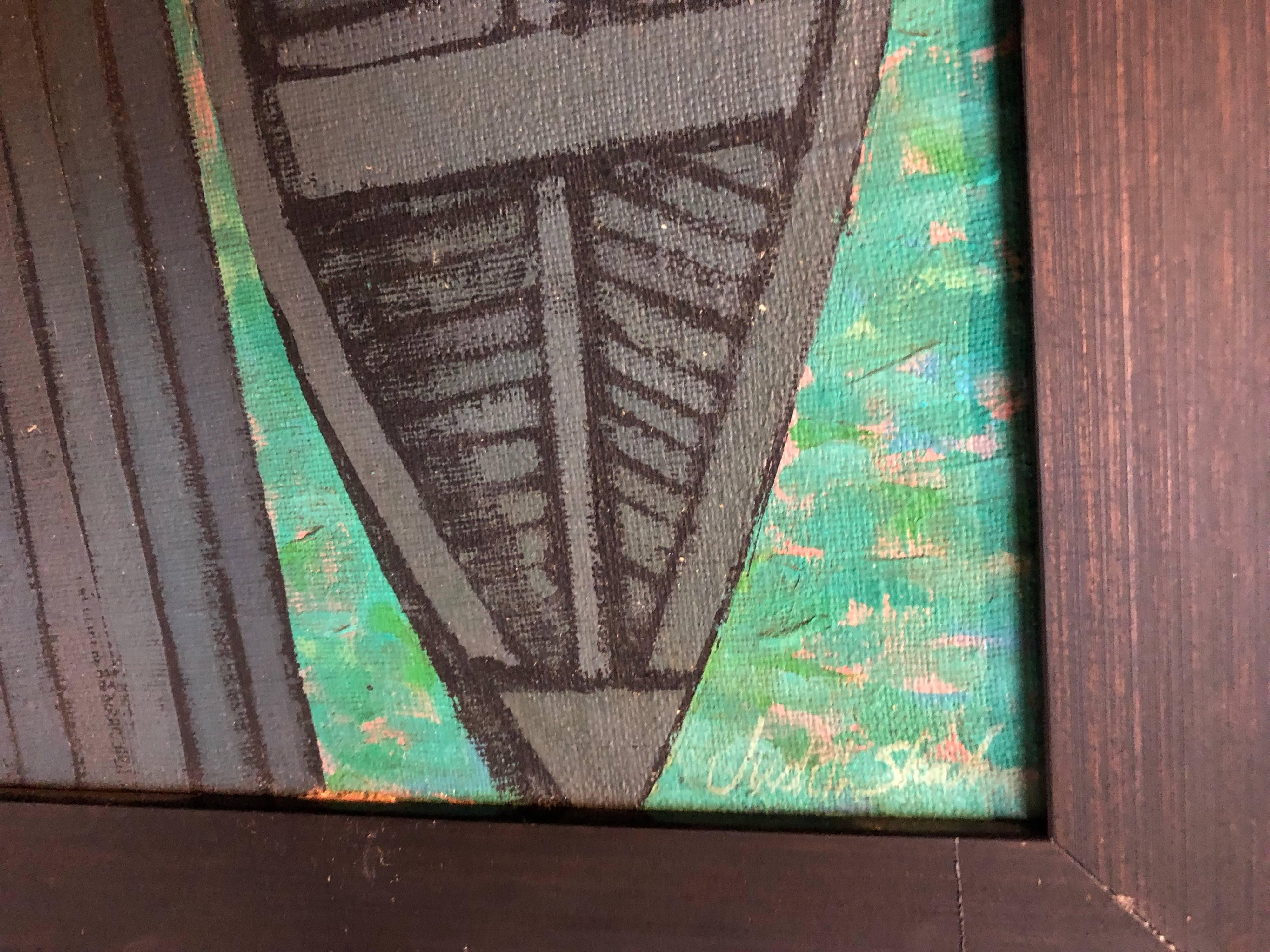 Pintura al óleo modernista Muelle abstracto con barco Judith Shahn en venta 4