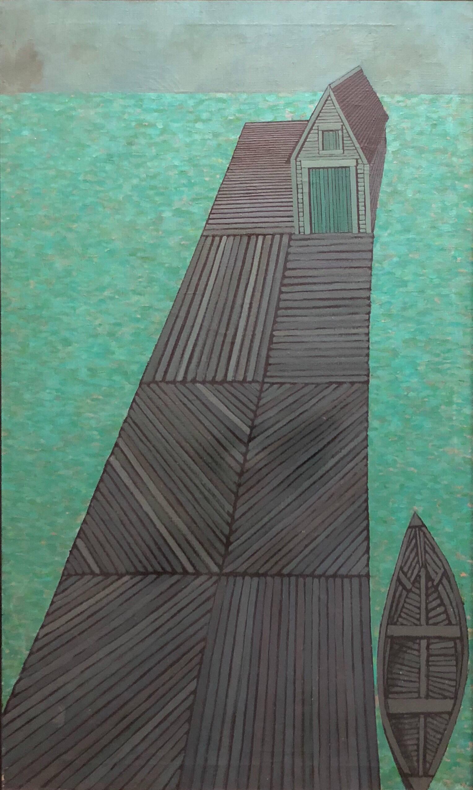 In this painting by Judith Shahn, the artist renders a boat and dock in a series of lines. The artist takes a naive approach at depicting the subject by simplifying the elements in the composition to its basic abstract geometric forms, and to